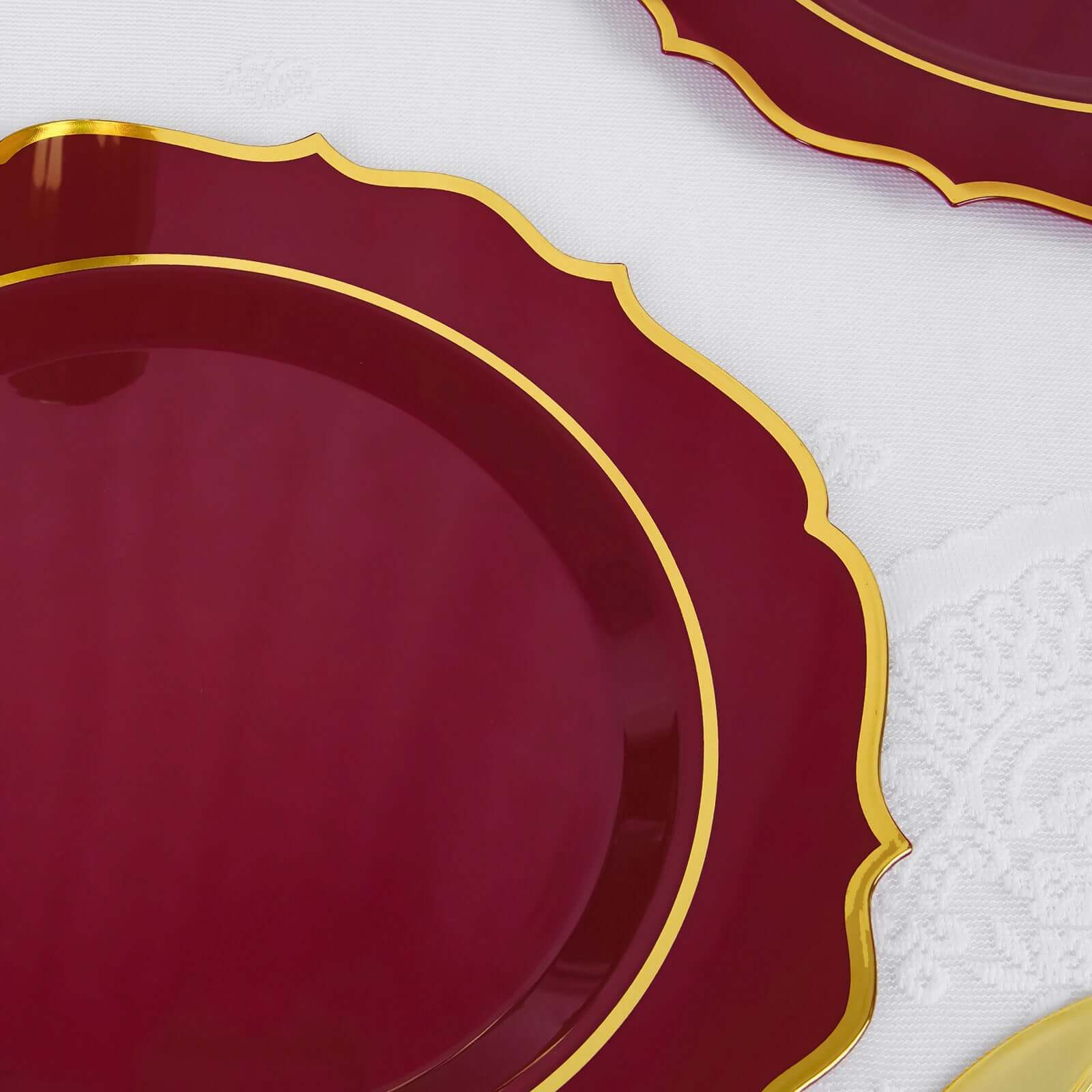 10-Pack Disposable Burgundy Plastic Round Dinner Plates with Gold Scalloped Rim - Ideal for Parties