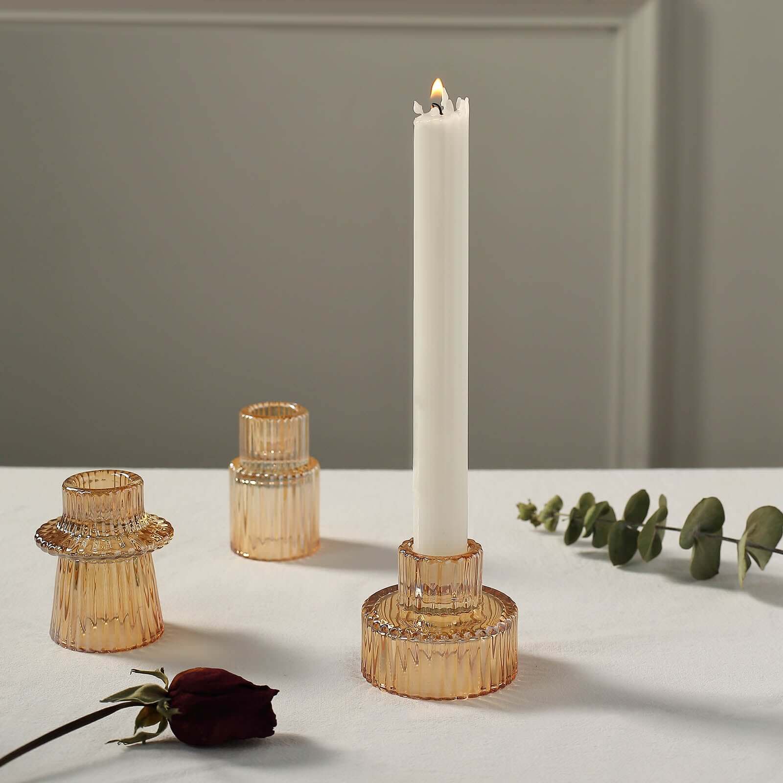 Hot Sale! Set of 6 Amber Gold Glass Taper Candle Holders with Ribbed Crystal Design