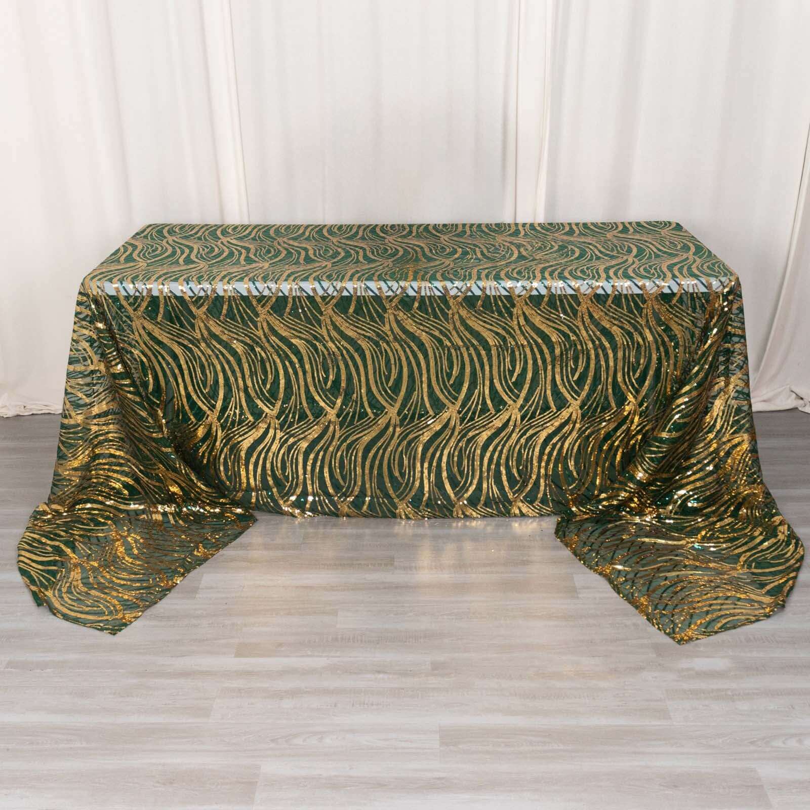 Sparkling Wave Sequin Embroidered Mesh Rectangle Tablecloth - Hunter Emerald Green/Gold