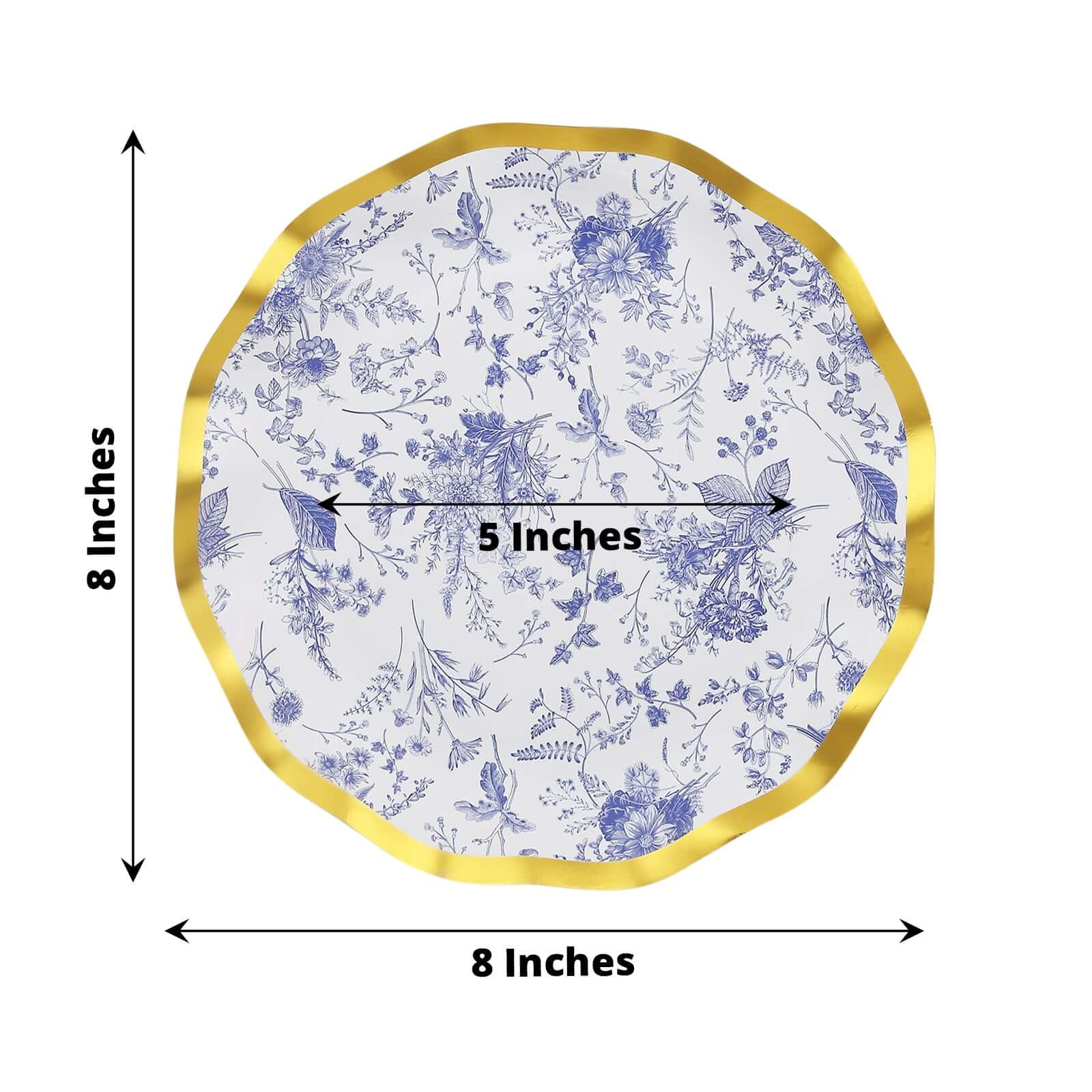 25-Pack Disposable 8-Inch Round White Salad Plates with Blue French Toile Pattern and Gold Wavy Rim - High-Quality Deal