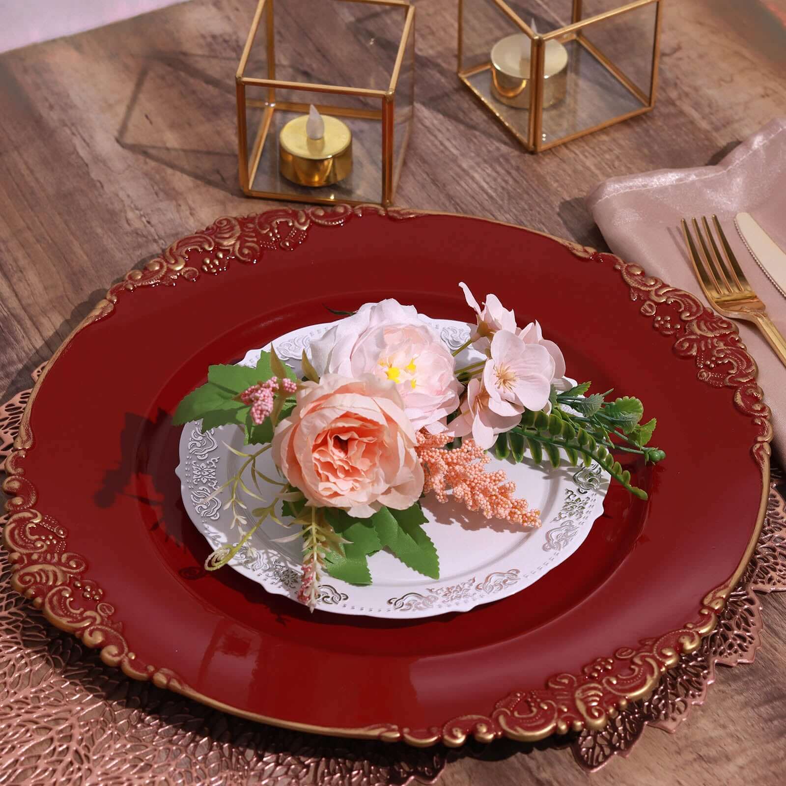 6-Piece Set of 13-Inch Burgundy Acrylic Round Charger Plates with Gold Embossed Baroque Rim for Decorative Dinners