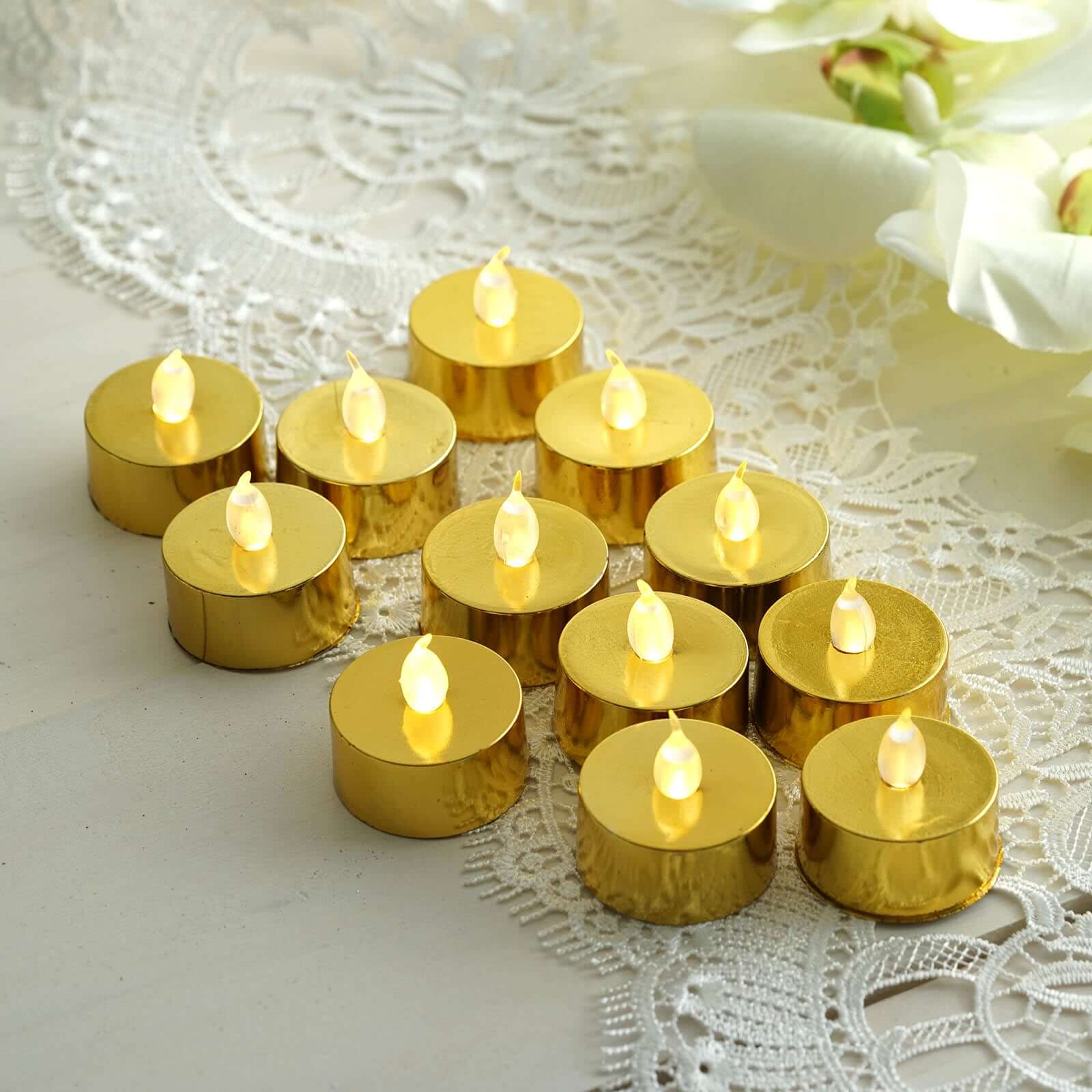 Amazing 12-Pack Reusable Flameless LED Tealight Candles with Metallic Gold Design, Battery Operated