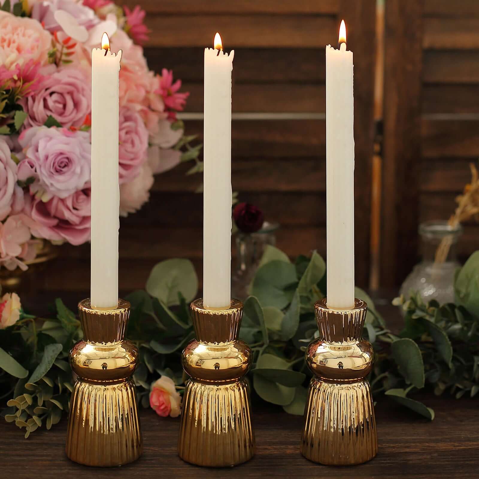 Set of 3 Metallic Gold Ceramic Taper Candle Holders with Fluted Ball Neck Design