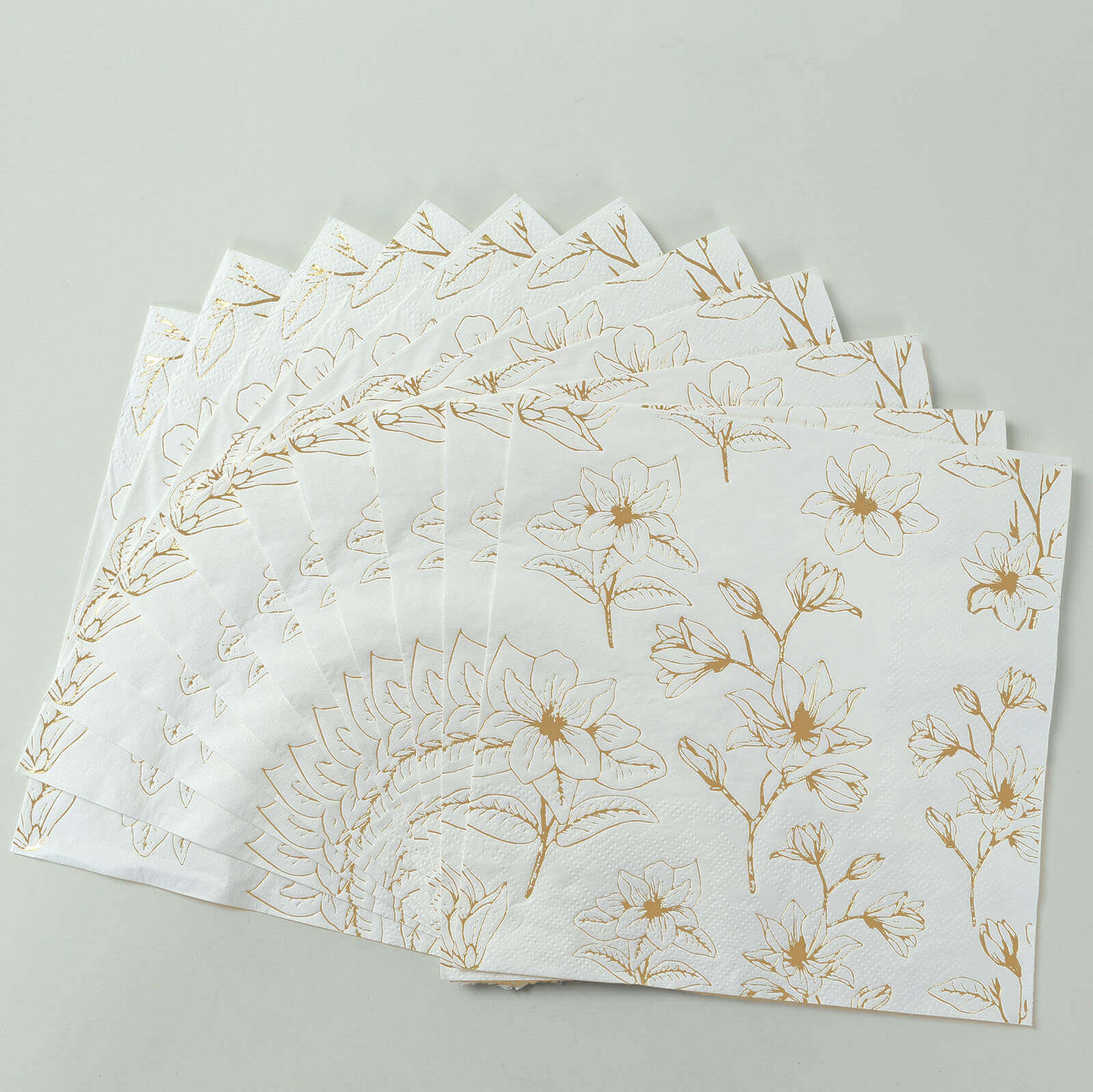 50-Pack 2-Ply Absorbent Soft White Paper Cocktail Napkins with Gold Magnolia Prints