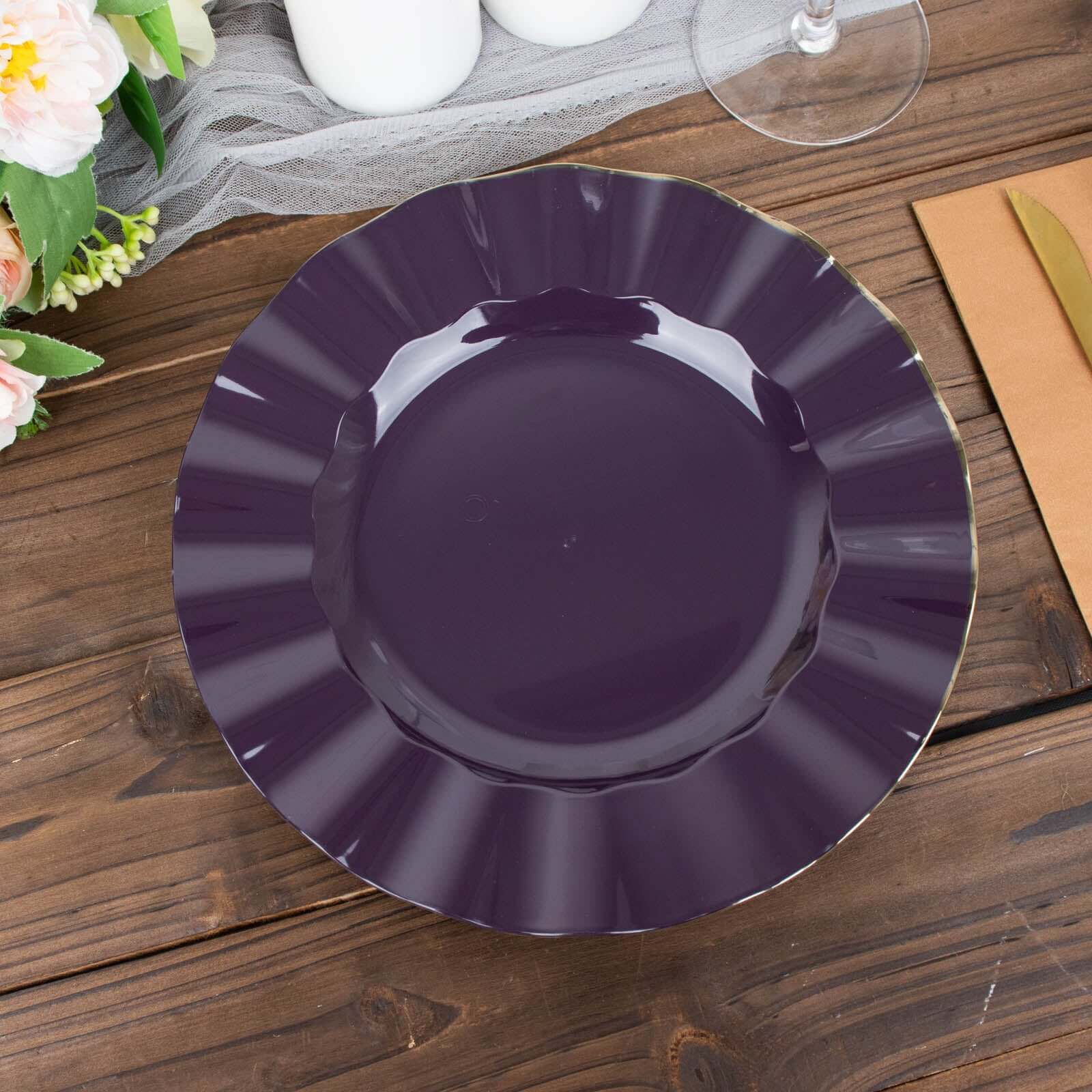 10-Piece Set of Disposable Purple Plastic Dinner Plates with Gold Ruffled Edging - Ideal for Events