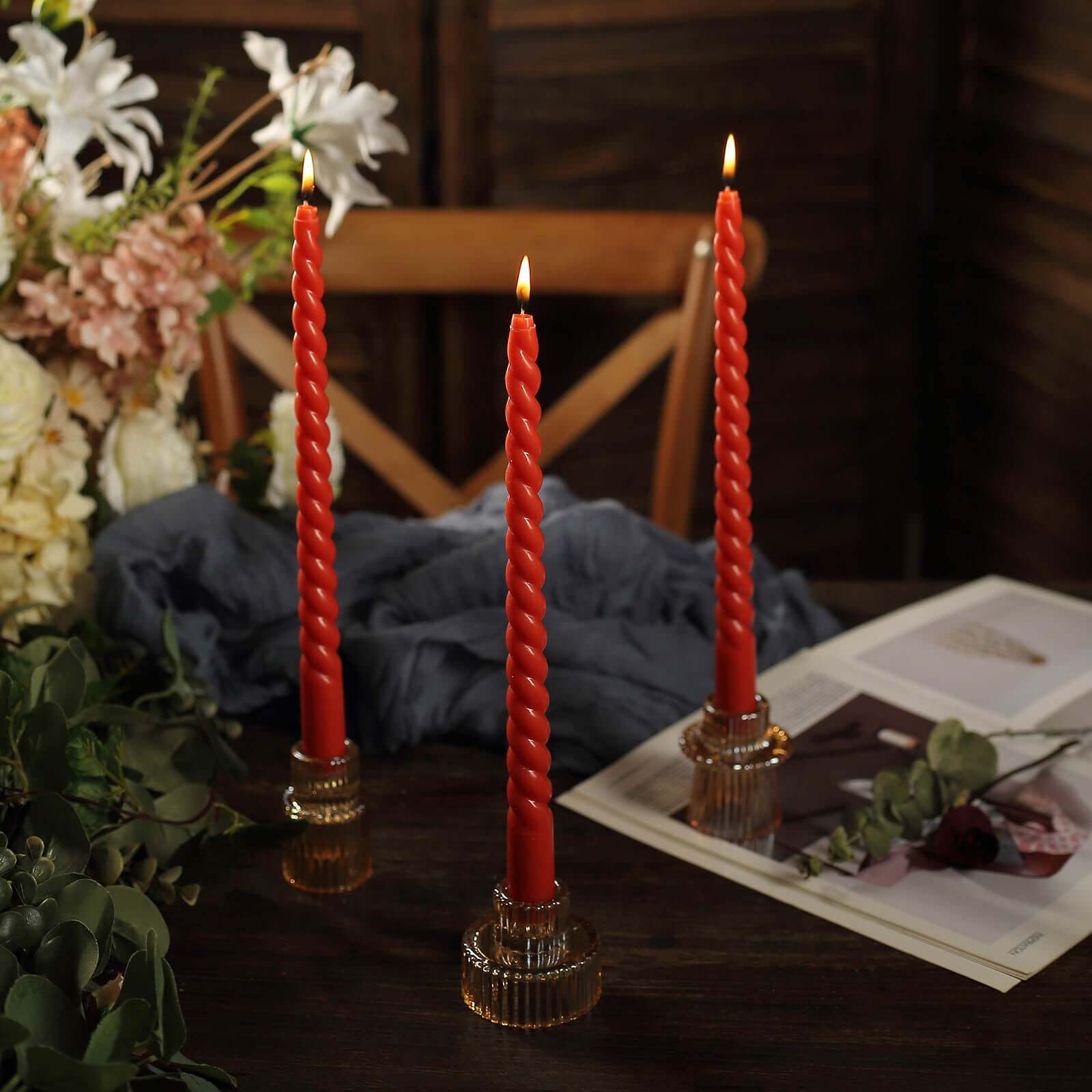 Premium 12-Pack Unscented Terracotta (Rust) Spiral Taper Dinner Candles, 11.25
