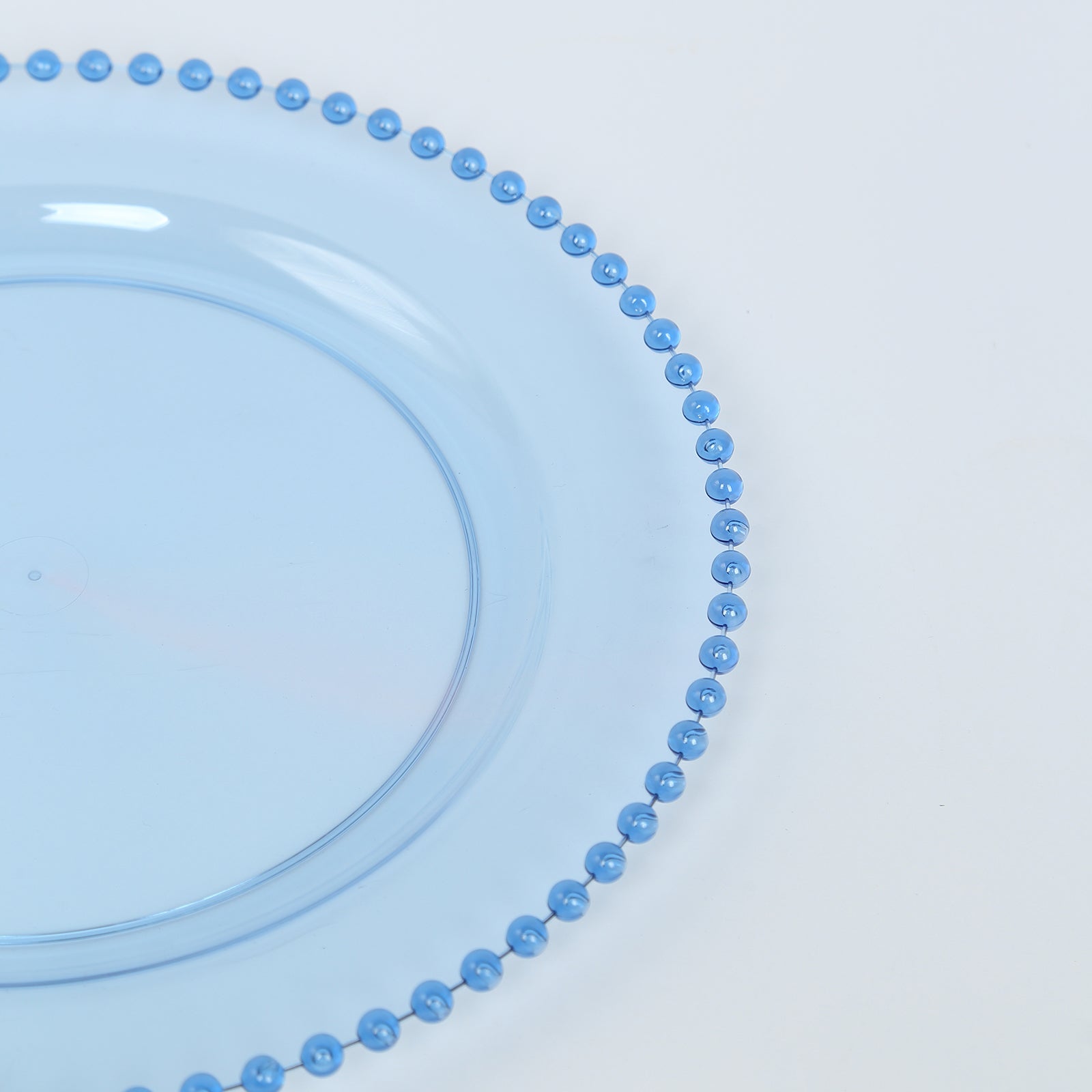 10-Piece Set of Disposable Round Plastic Dinner Plates in Transparent Dusty Blue with Beaded Edge