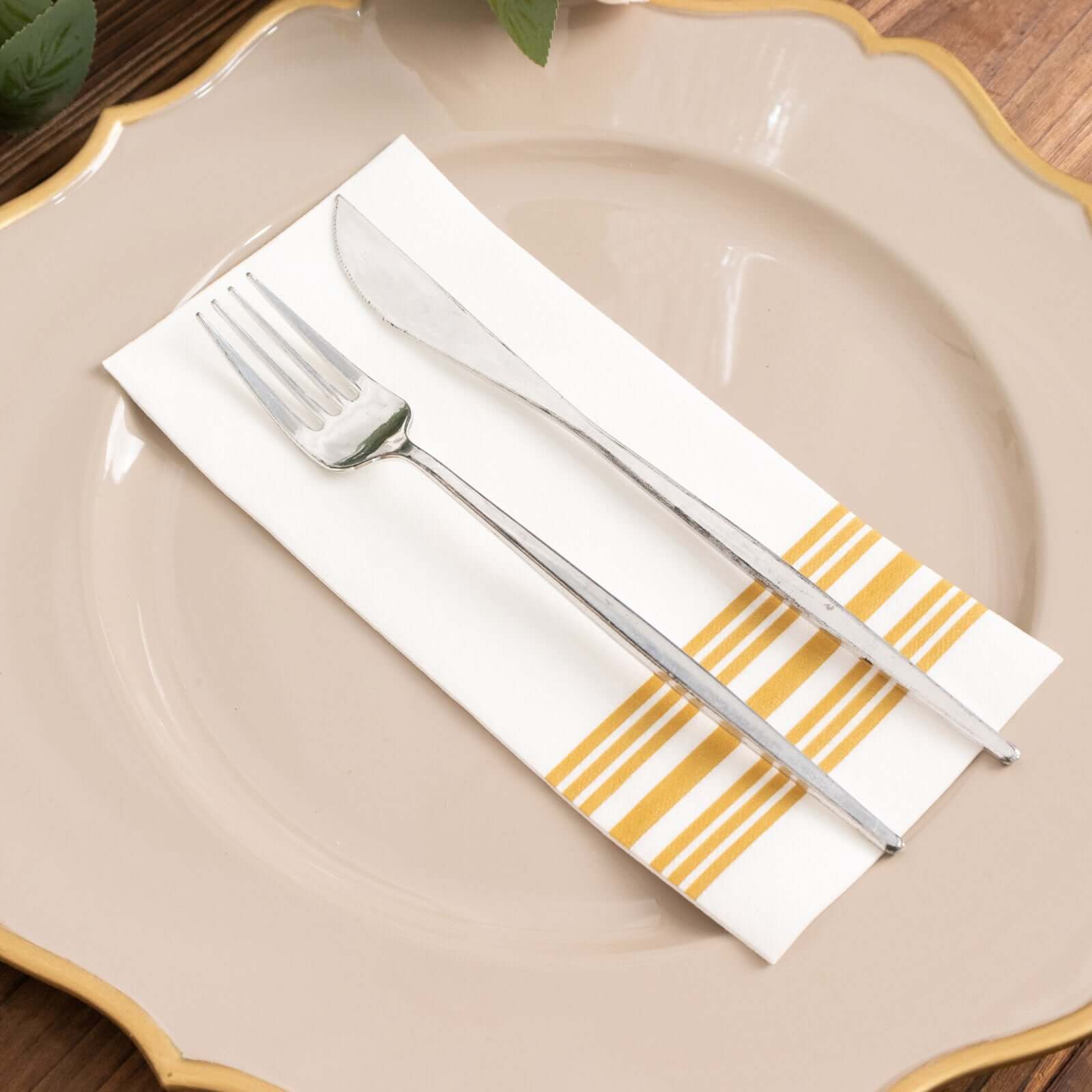 Hot Deal! 20-Pack White Linen-Like Airlaid Napkins with Gold Lines