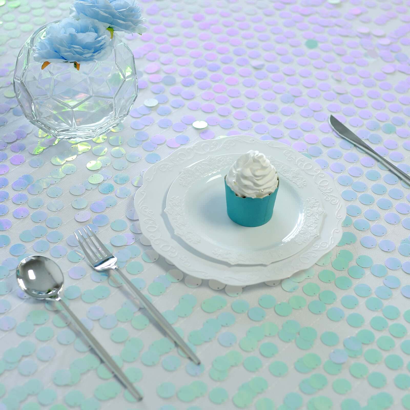 Iridescent Blue Sequin Rectangle Tablecloth - 90x132 Inches, Seamless, Perfect for Events