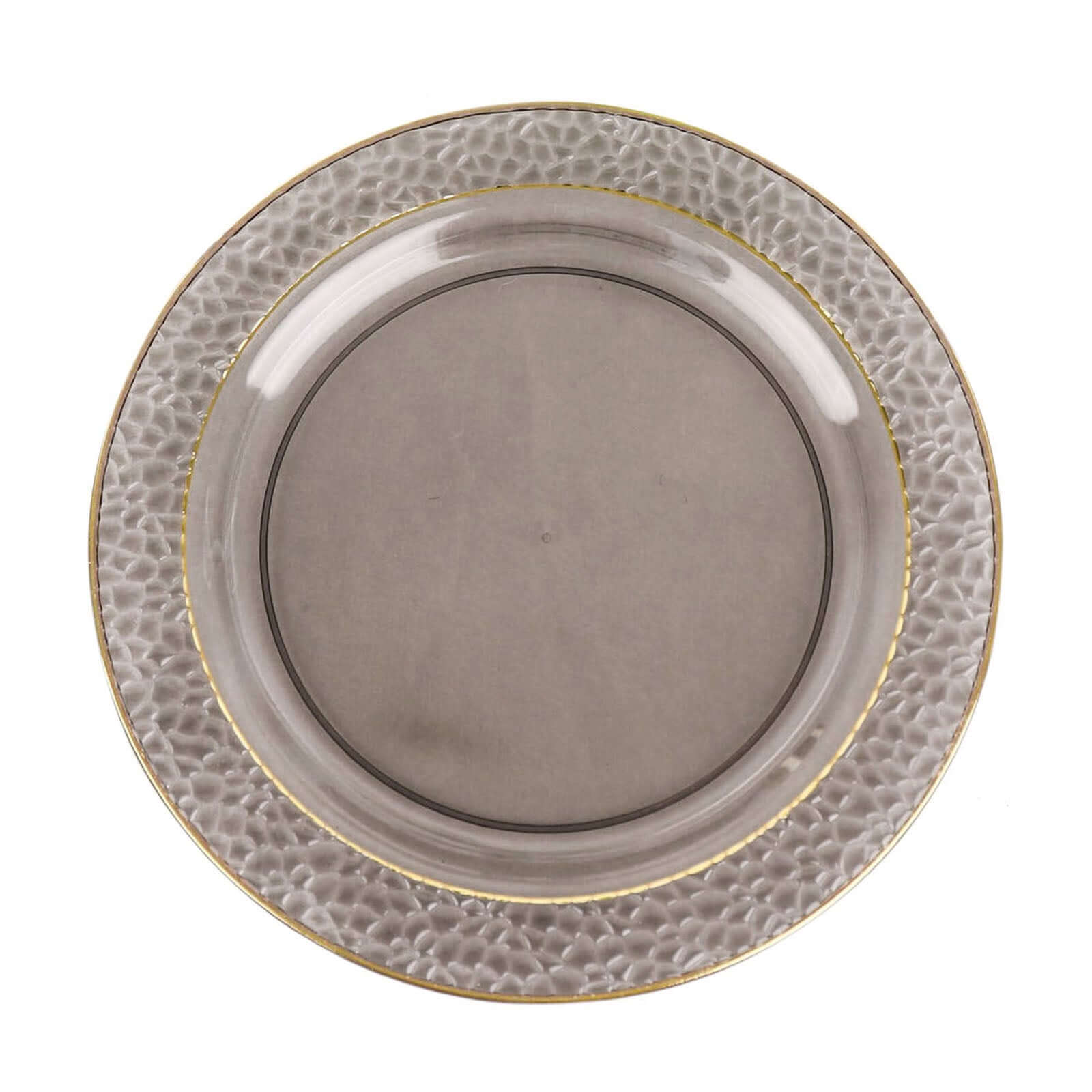 10-Piece Set of Disposable Round Dinner Plates in Opaque Black Hammered Design with Gold Rim for Elegant Parties