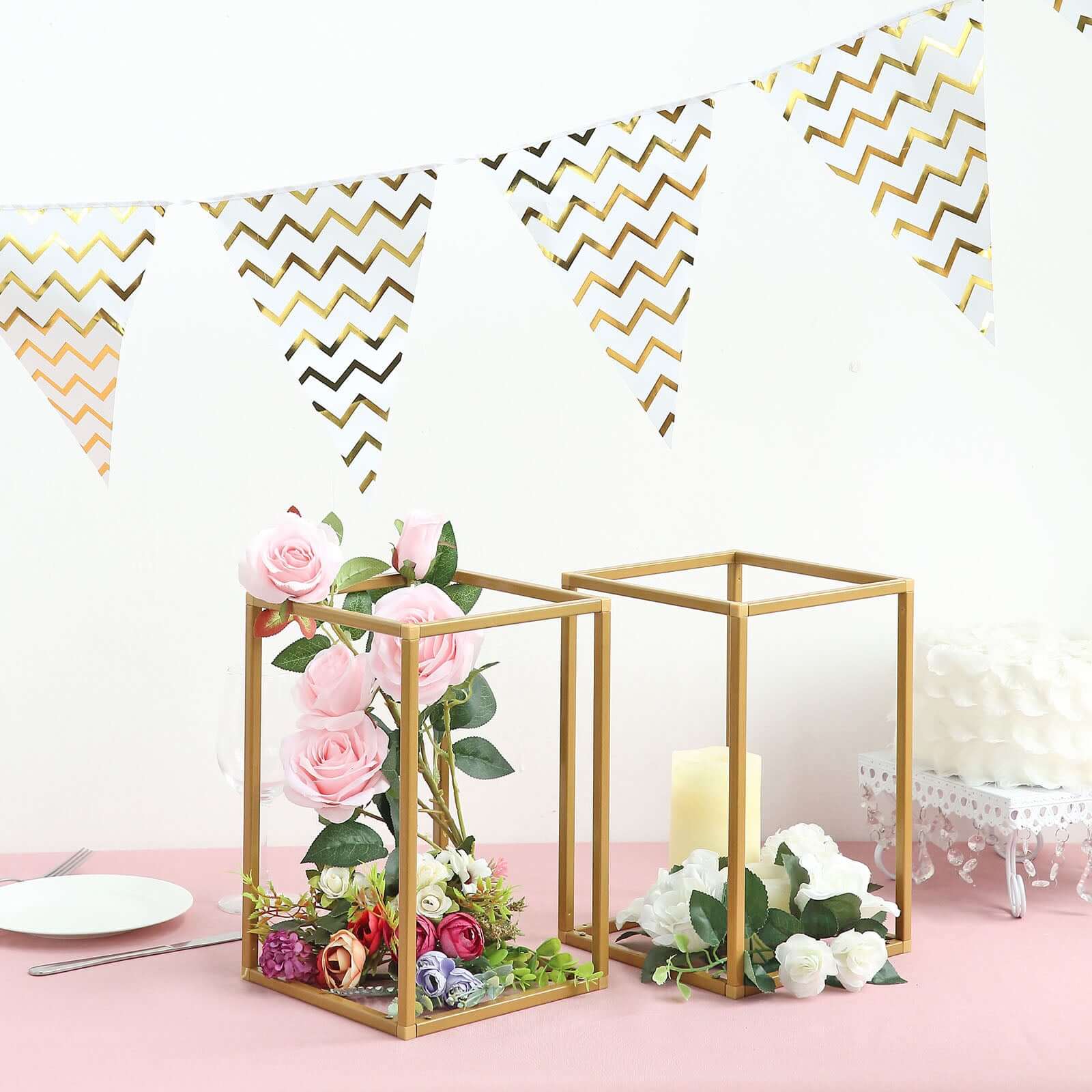 2-Pack Gold Metal Rectangular Geometric Column Frame Wedding Flower Stand - Ideal for Elegant Arrangements