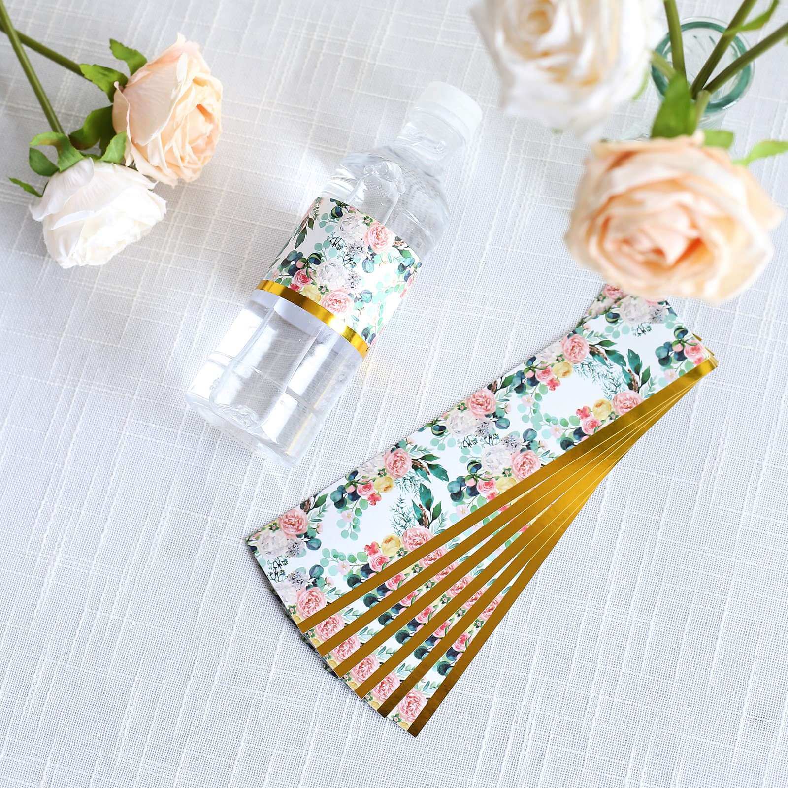 24-Pack Waterproof Water Bottle Labels: Peony Floral Design with Gold Trim in White & Pink
