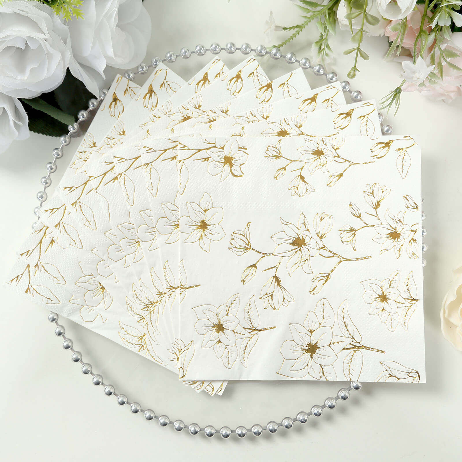 50-Pack 2-Ply Absorbent Soft White Paper Cocktail Napkins with Gold Magnolia Prints