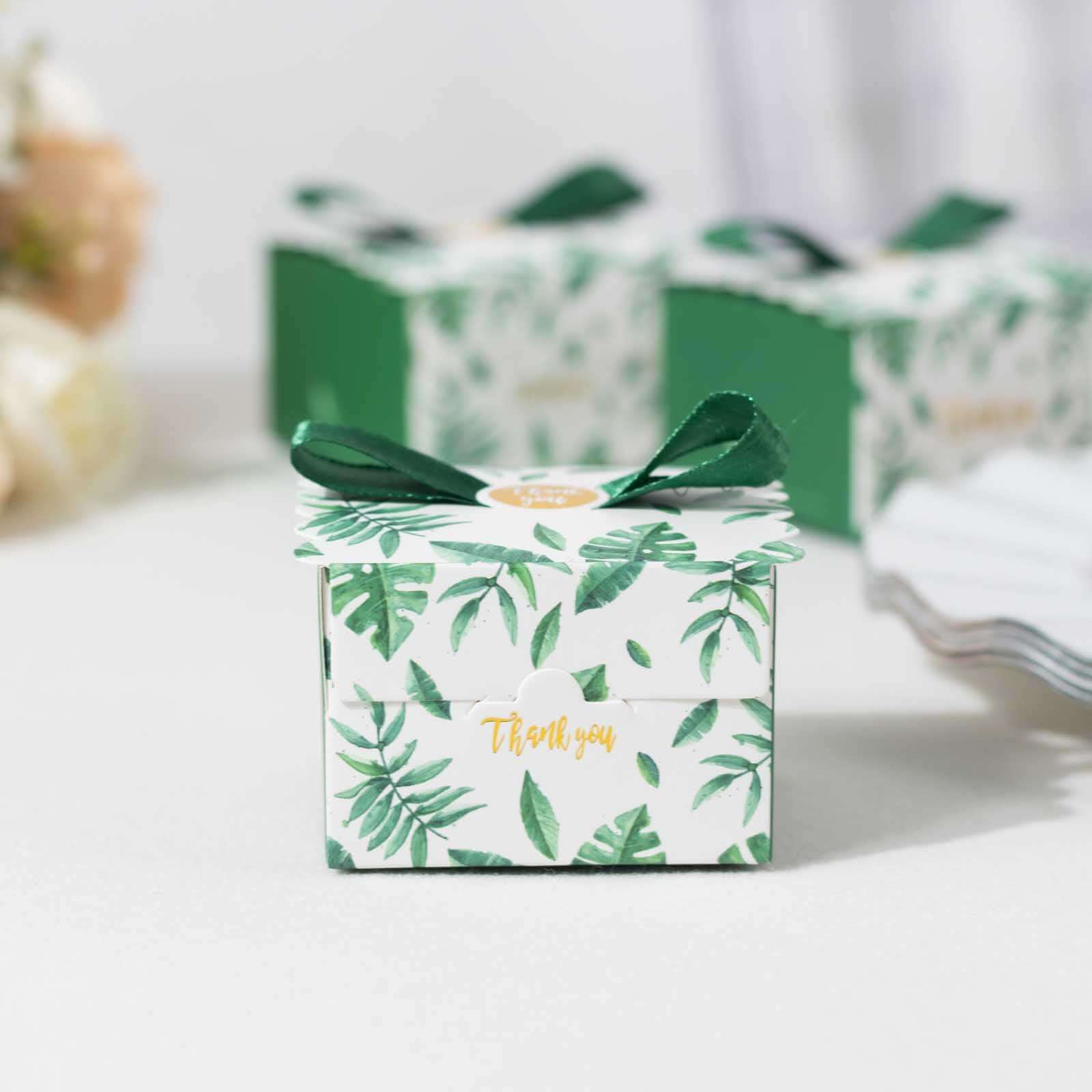 25-Piece Set of Green Monstera Leaf Printed Candy Gift Boxes with Satin Ribbon Bows