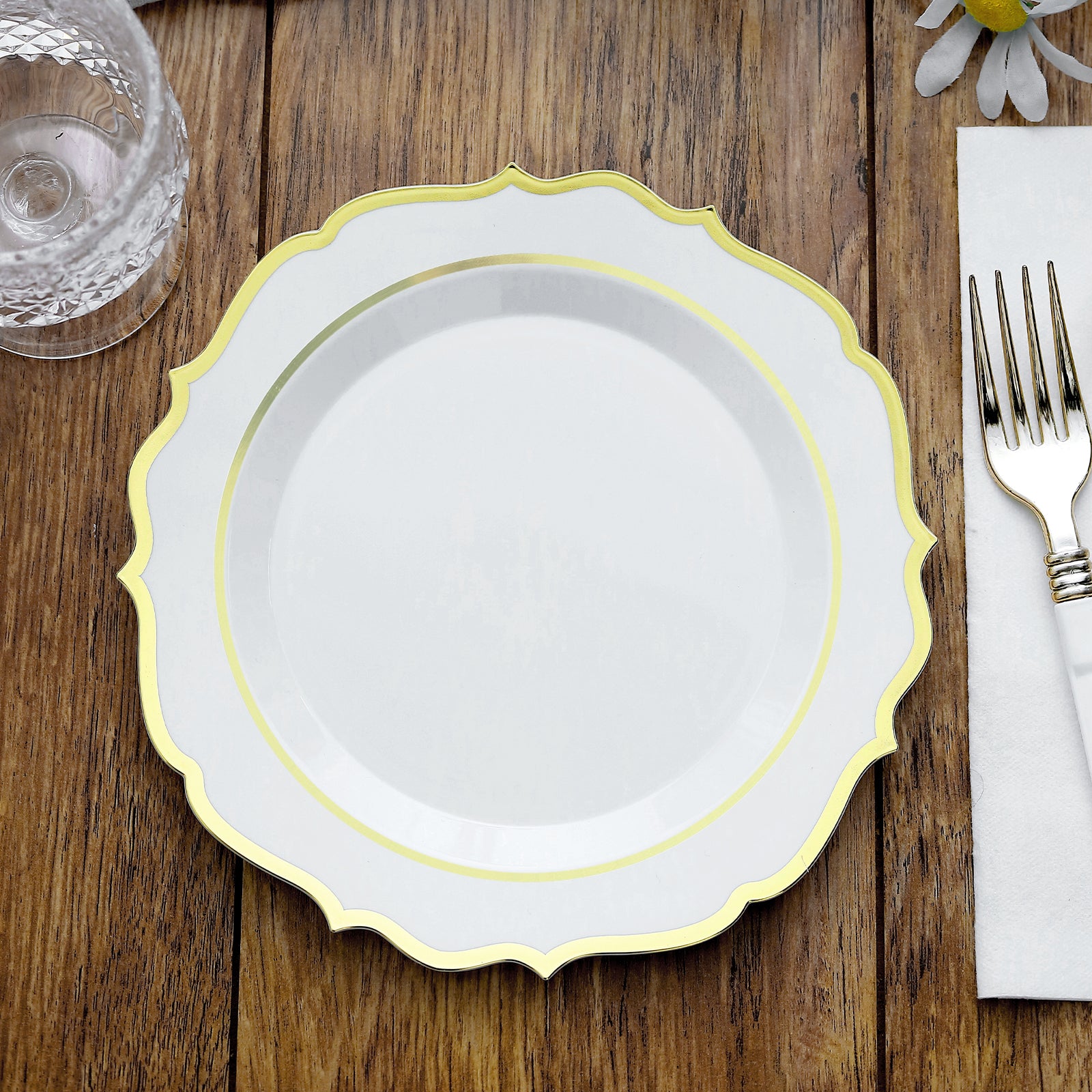 10-Piece Set of Disposable White Plastic Round Desert Plates with Gold Scalloped Rims for Elegant Events