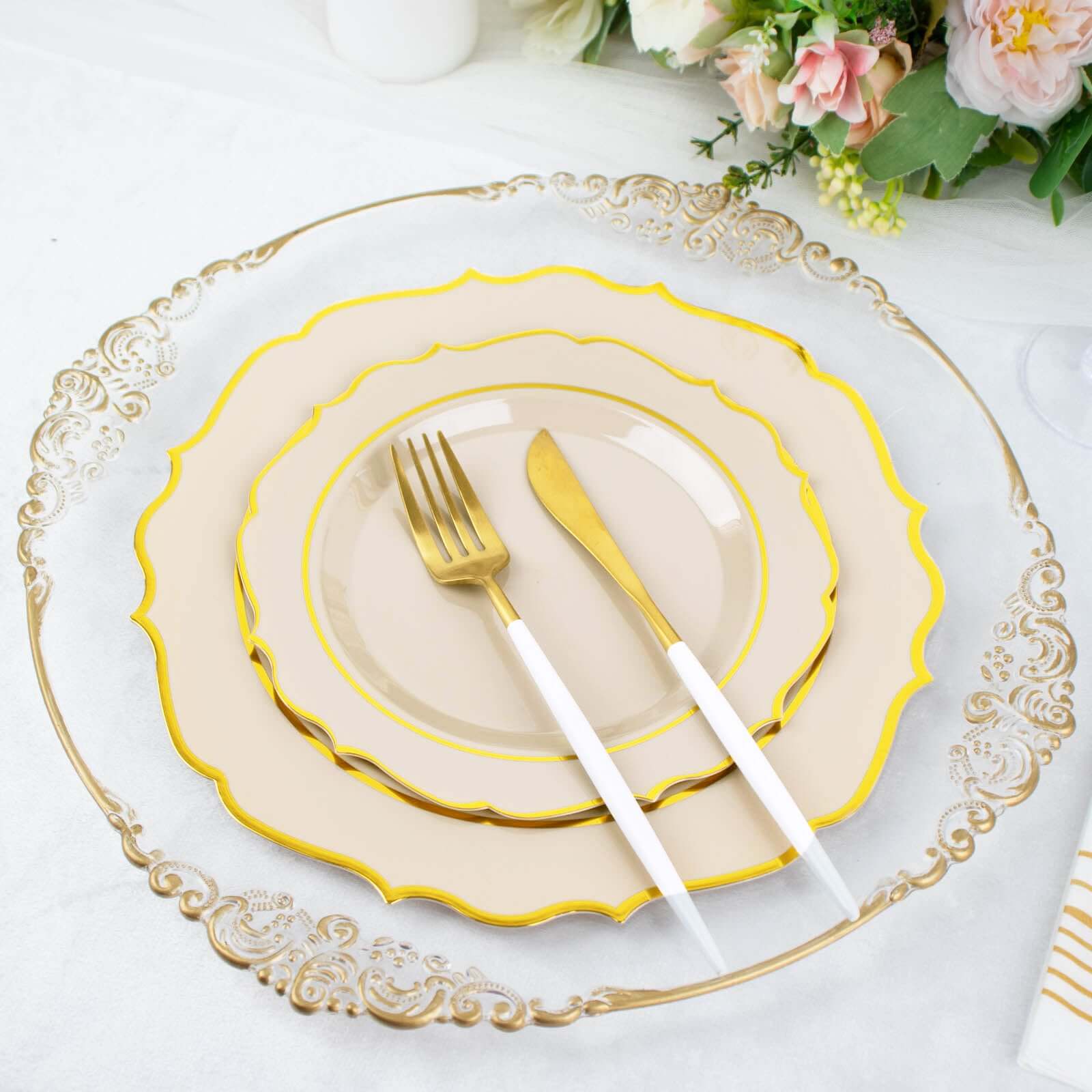 Hot Sale! 10-Piece Disposable Plastic Round Dinner Plates in Taupe with Gold Scalloped Rims