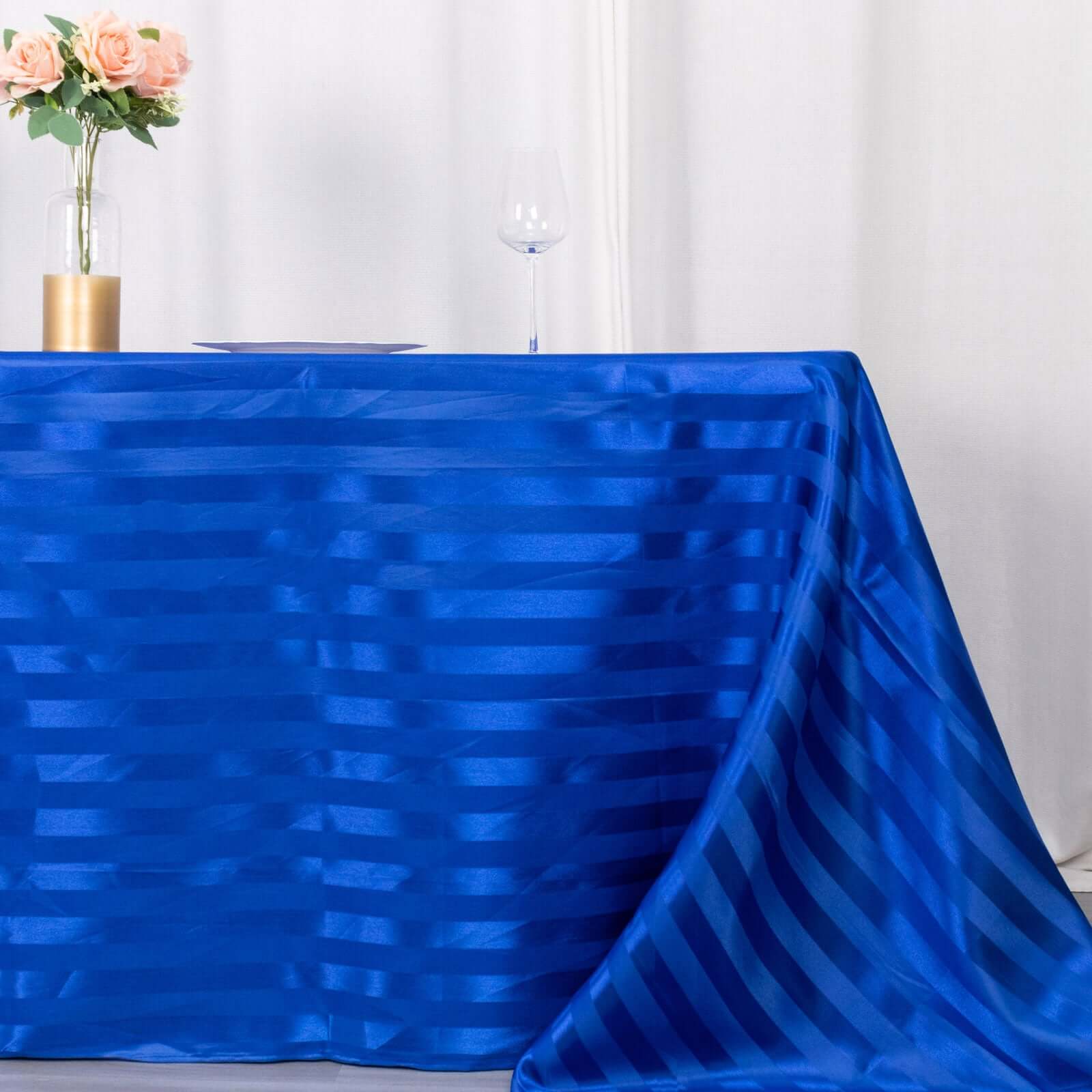 Royal Blue Satin Striped 90x132 Rectangular Tablecloth - Seamless & Smooth, Great Deal!