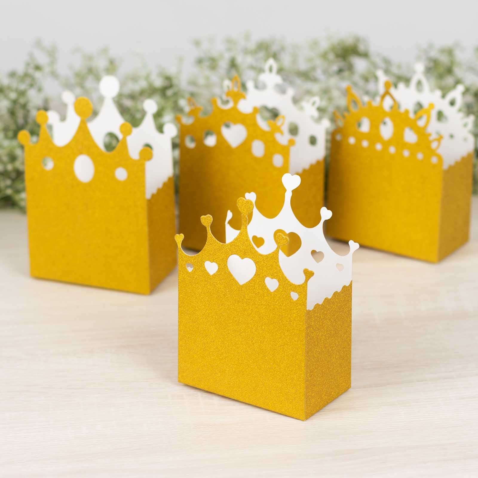 20-Pack Gold Glitter Princess Crown Cardstock Favor Boxes - Ideal for Weddings, Birthdays & Showers