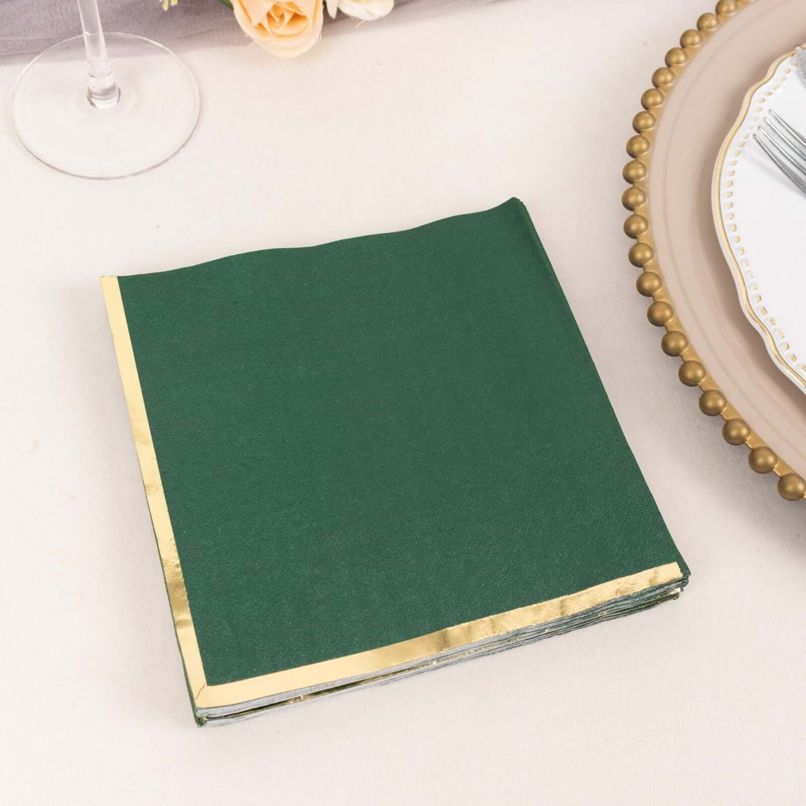 50-Piece Disposable 2-Ply Hunter Emerald Green Paper Cocktail Napkins with Gold Foil Edge, 6.5x6.5