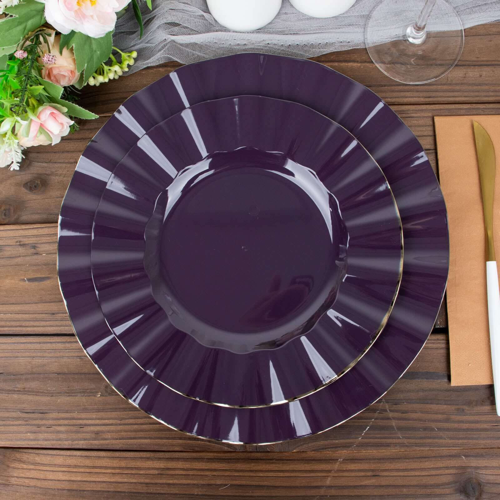 10-Piece Set of Disposable Purple Plastic Dinner Plates with Gold Ruffled Edging - Ideal for Events
