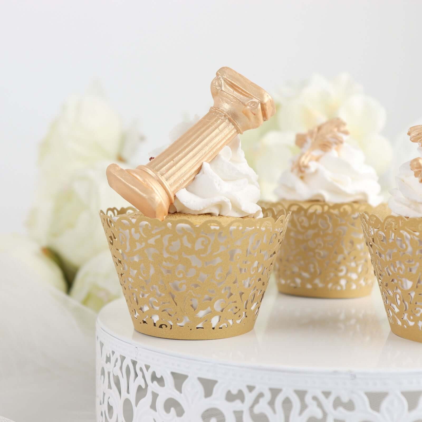 25-Piece Gold Lace Laser-Cut Paper Cupcake Wrappers for Event Baking