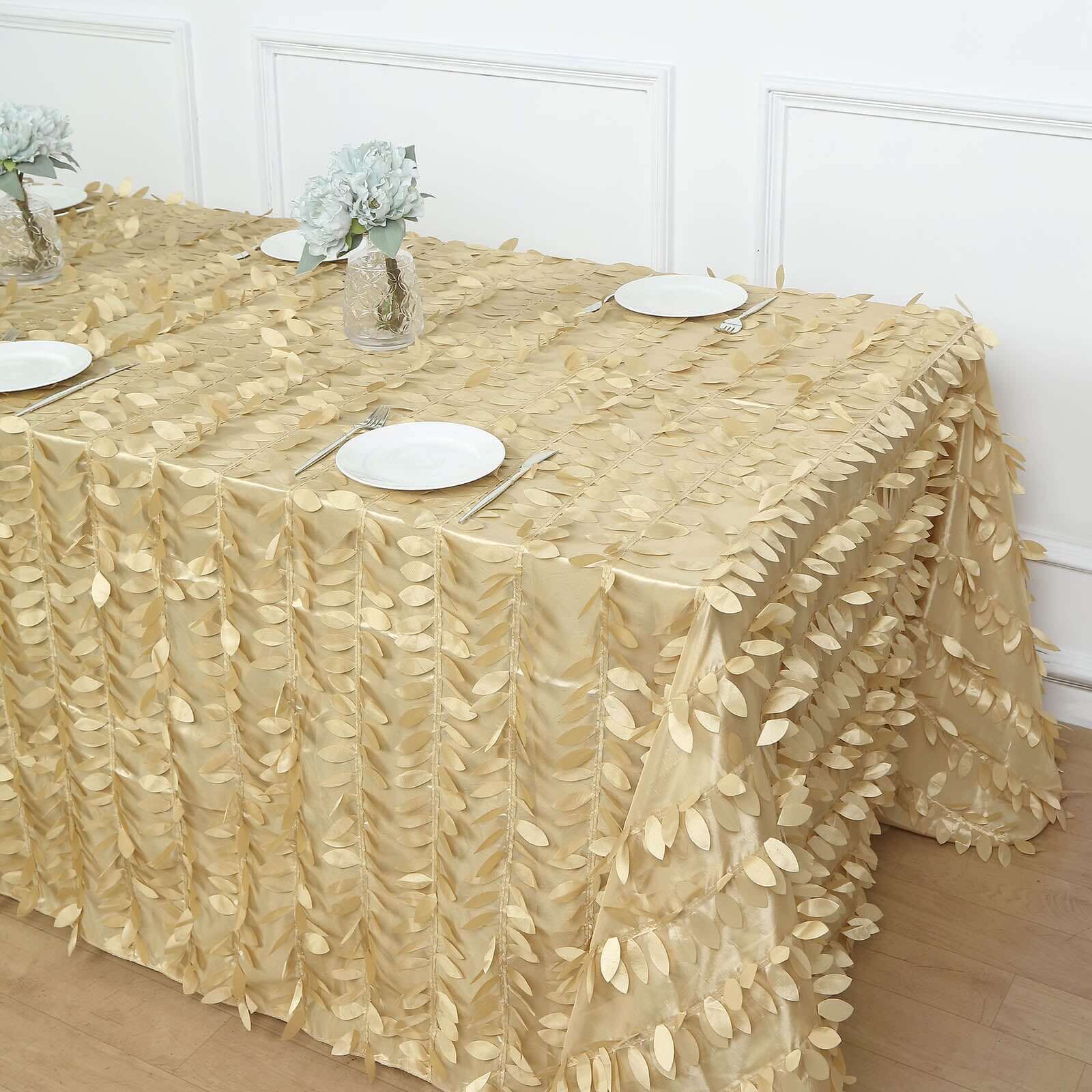 Champagne Taffeta Rectangle Tablecloth with 3D Leaf Petal Design - Great for Events