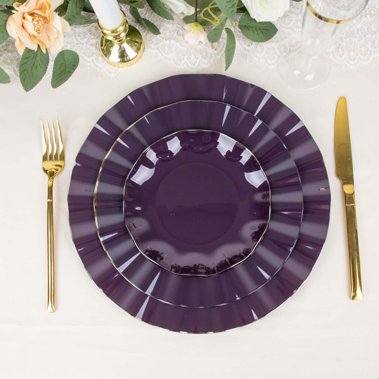 10-Pack Purple Plastic Round Dessert Plates with Gold Edging - Sturdy Disposable Dinnerware