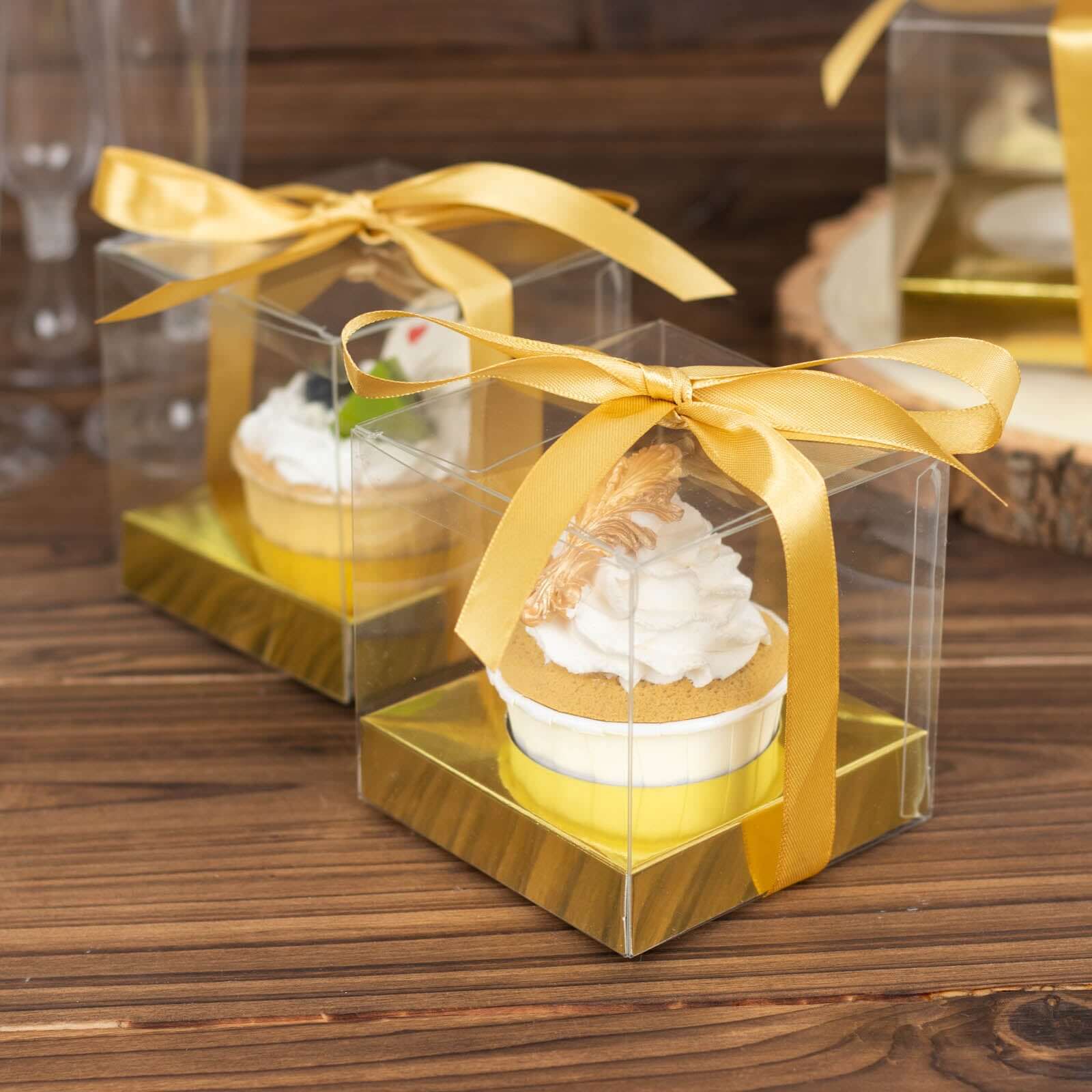 Hot Sale! 12-Pack 3.5-Inch Clear & Gold Disposable Plastic Cupcake Boxes with Ribbon for Weddings and Parties