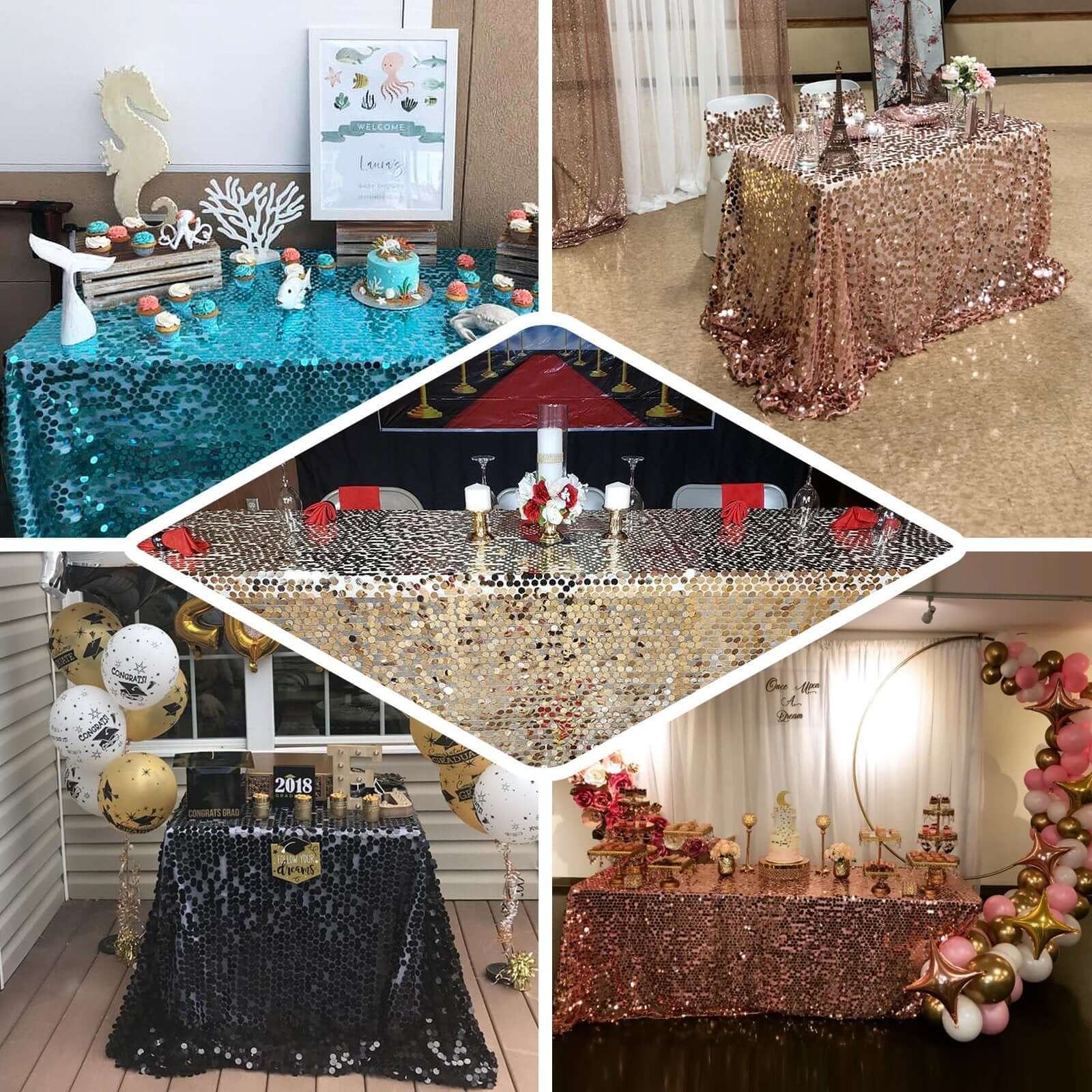 Iridescent Blue Sequin Rectangle Tablecloth - 90x132 Inches, Seamless, Perfect for Events