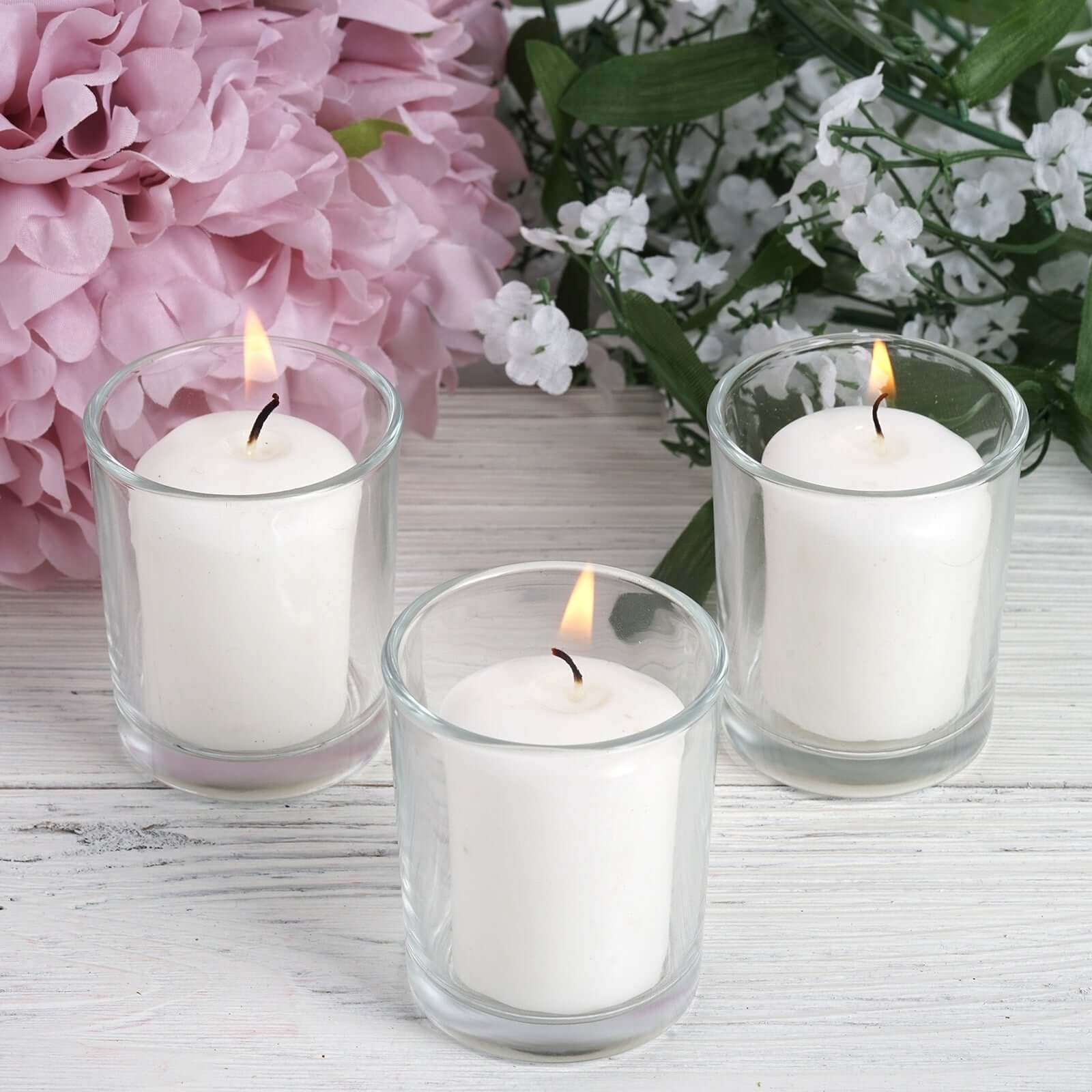 12-Piece Set of White Votive Tealight Candles with Clear Glass Holders for Decor