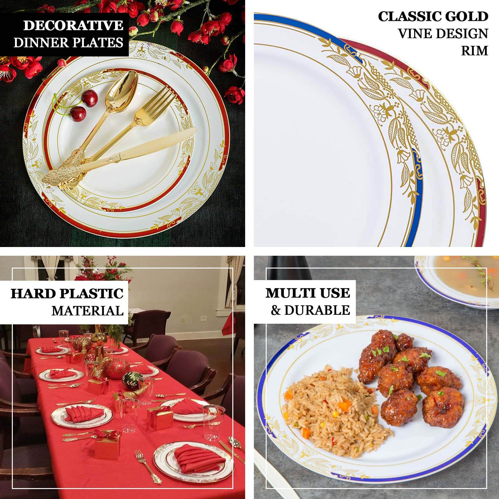 10-Pack Disposable White Dinner Plates with Royal Blue Rim and Gold Vine Design for Special Events