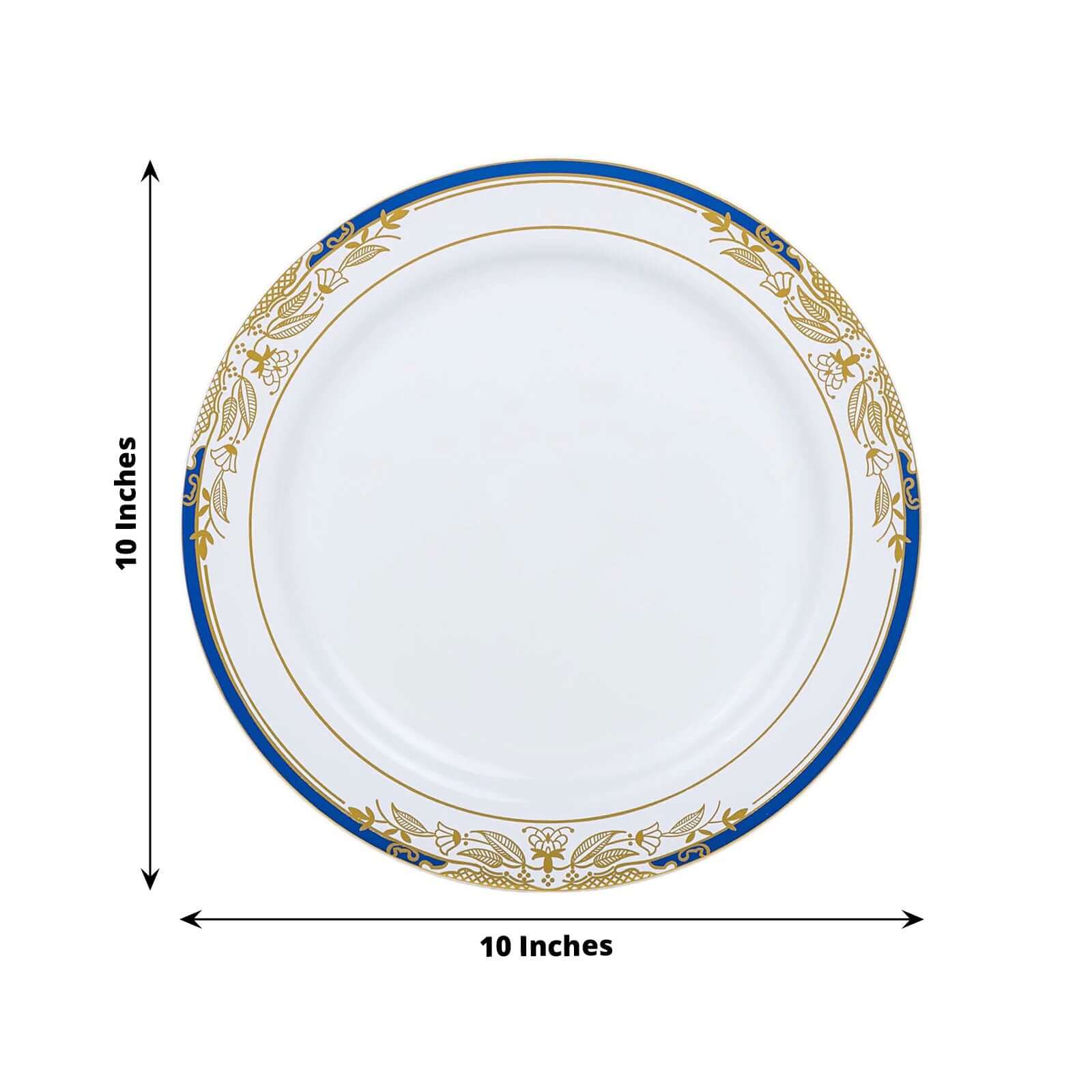 10-Pack Disposable White Dinner Plates with Royal Blue Rim and Gold Vine Design for Special Events