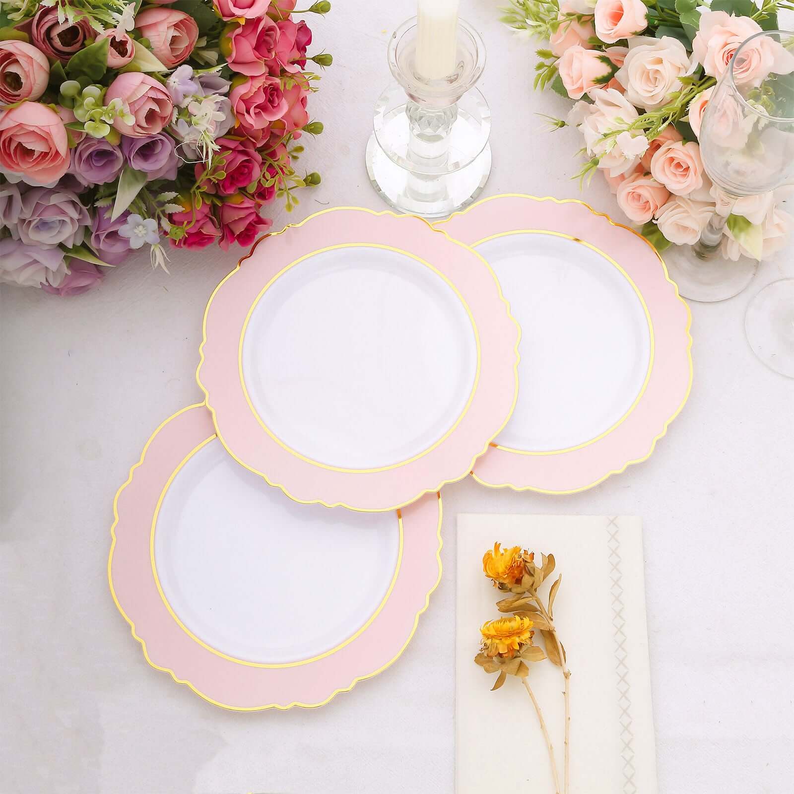 10-Pack Disposable White Plastic Dessert Plates with Blush Blossom & Gold Edging