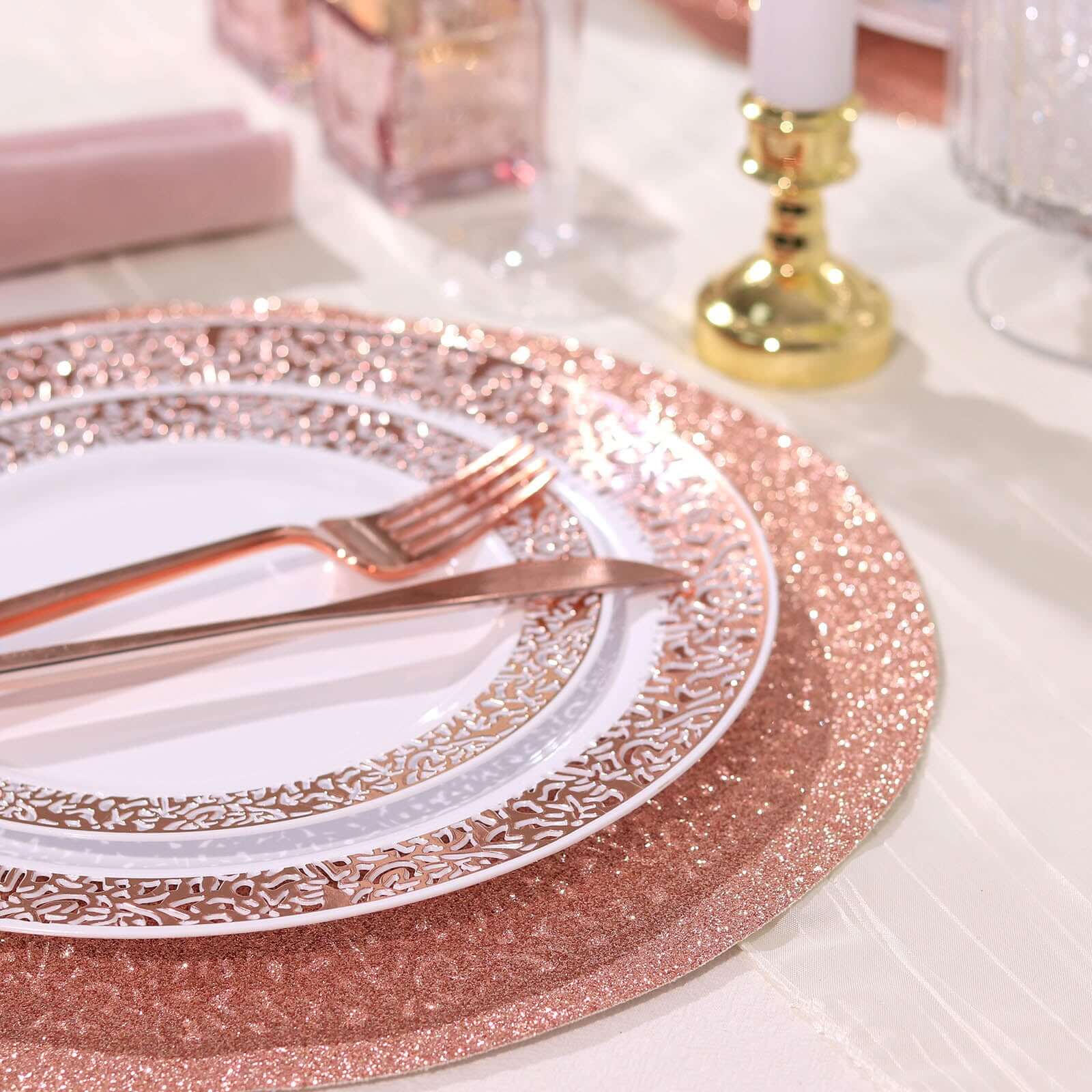 Hot Deal! 6-Pack Rose Gold Glitter Round Non-Slip Placemats, 13" Diameter