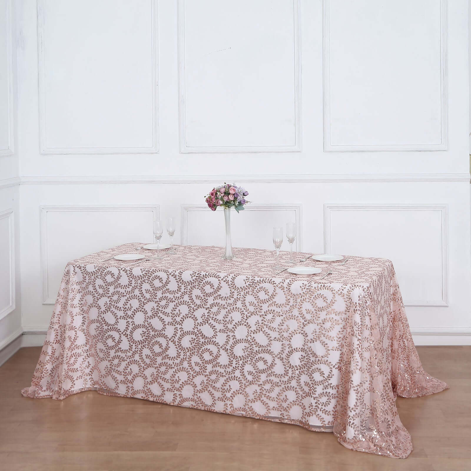 Sparkling Rose Gold Sequin Leaf Embroidered Tulle Rectangle Tablecloth 90x156 for Events