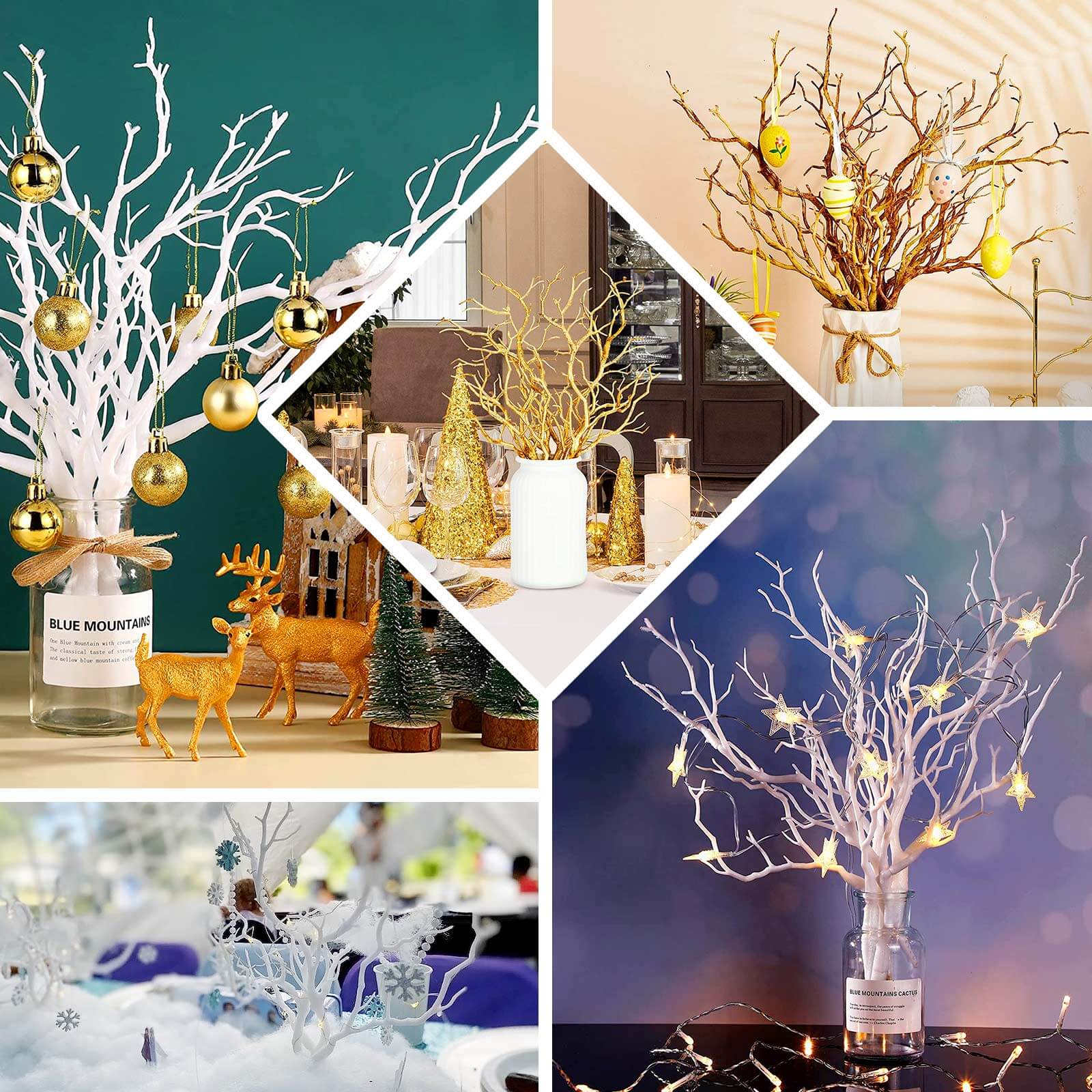 10-Piece Set of Metallic Gold Artificial Manzanita Tree Branches - Ideal for Vase Filler, Home & Wedding Decor