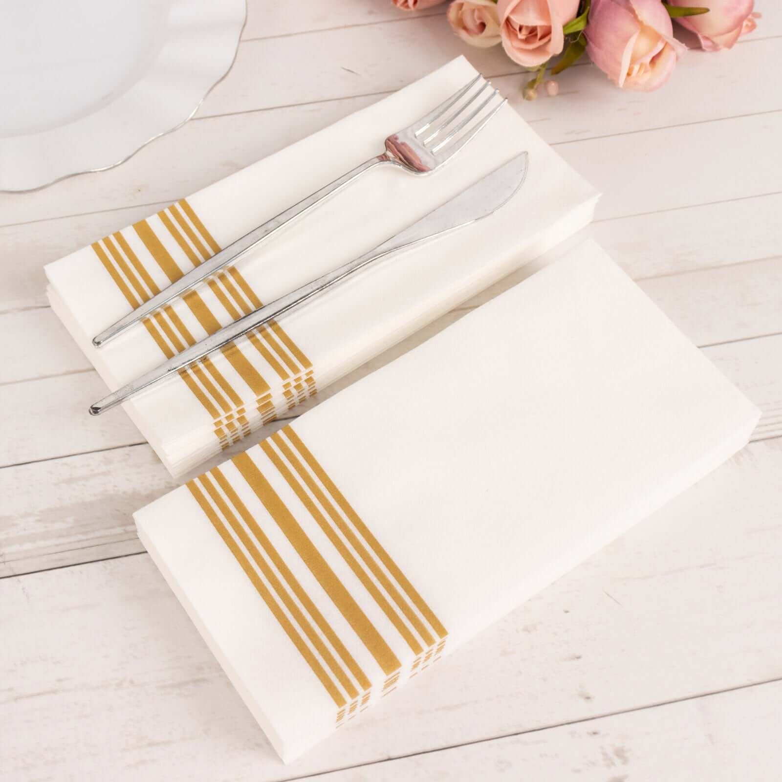 Hot Deal! 20-Pack White Linen-Like Airlaid Napkins with Gold Lines