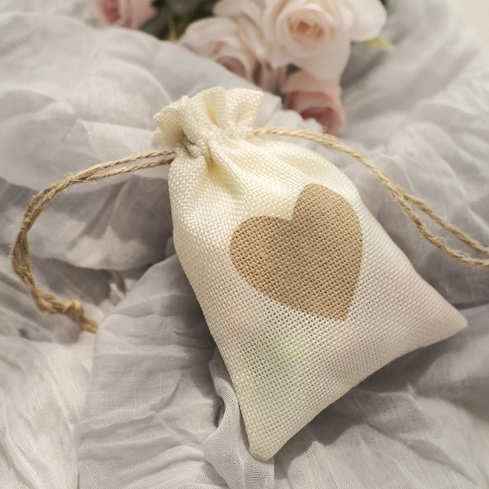 20-Piece Set of 4x5 Natural Ivory Heart-Printed Jute Burlap Drawstring Gift Bags for Rustic Weddings