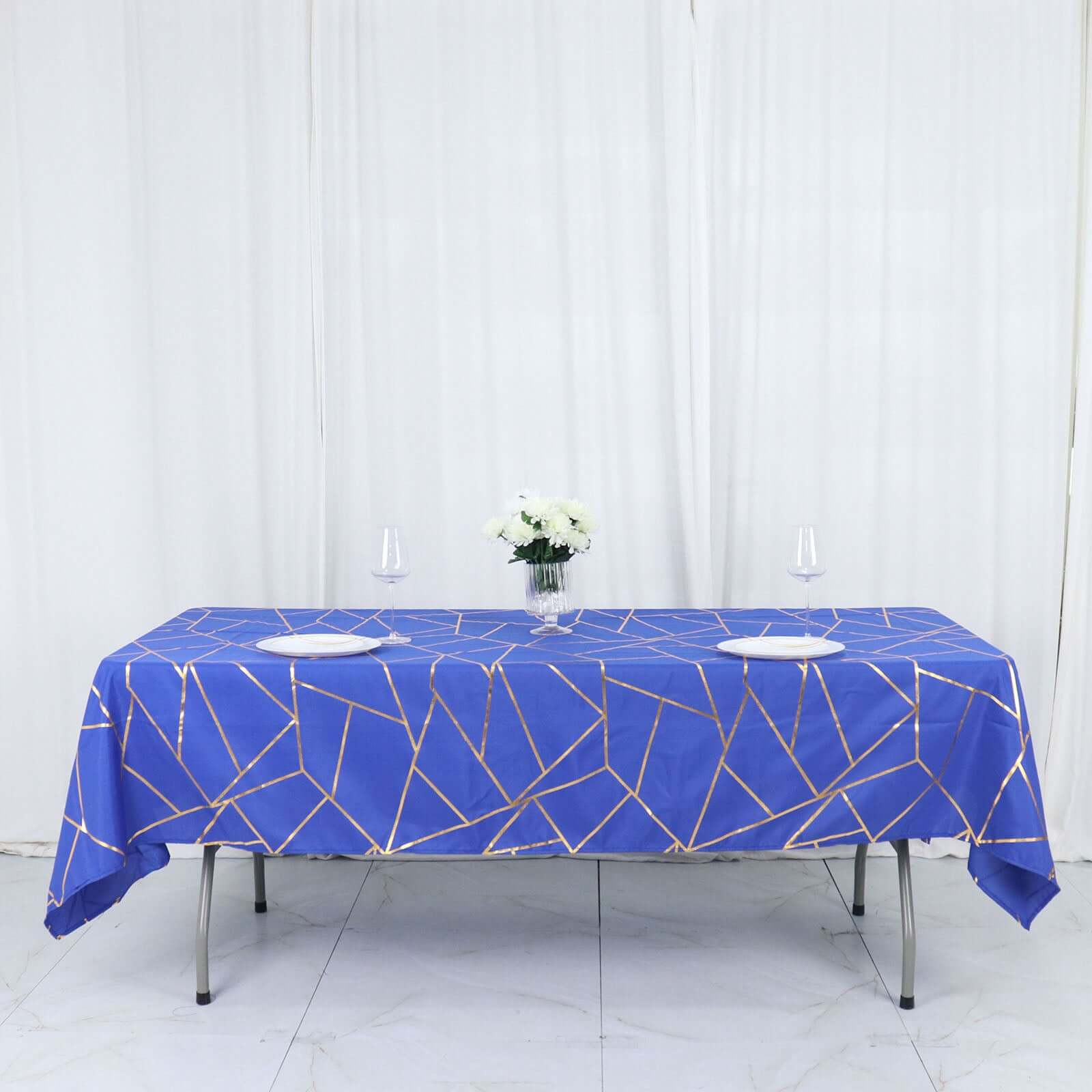 Wrinkle-Resistant & Durable Royal Blue Polyester Tablecloth with Gold Foil Geometric Pattern (60x102)