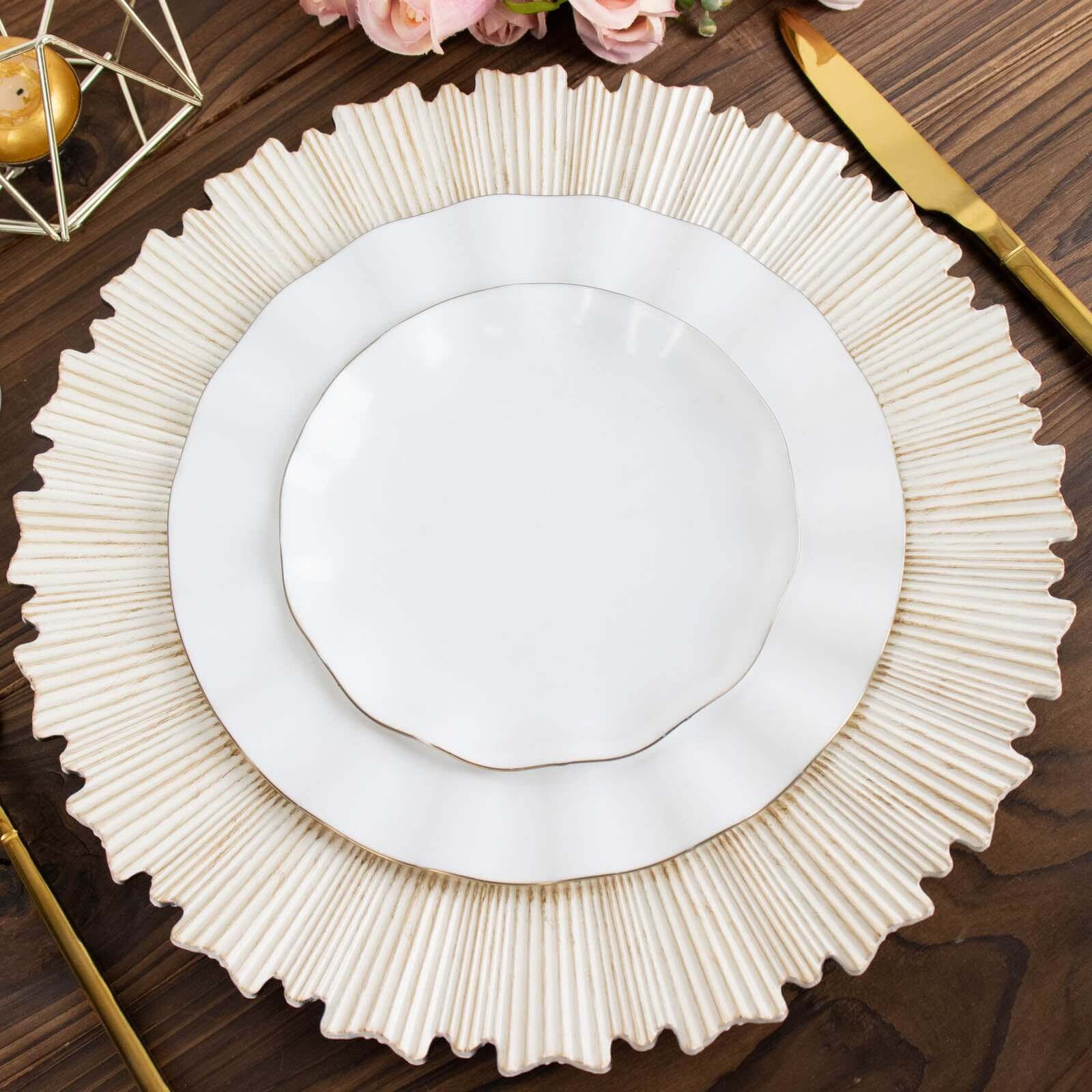 6-Piece Set of 13-Inch Washwhite Acrylic Charger Plates with Sunray Scalloped Rim for Dinner Parties