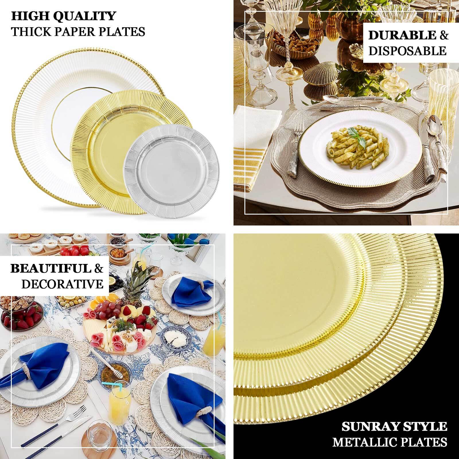 25-Pack Disposable 10-Inch White Sunray Dinner Plates with Gold Rim, 350GSM Heavy Duty