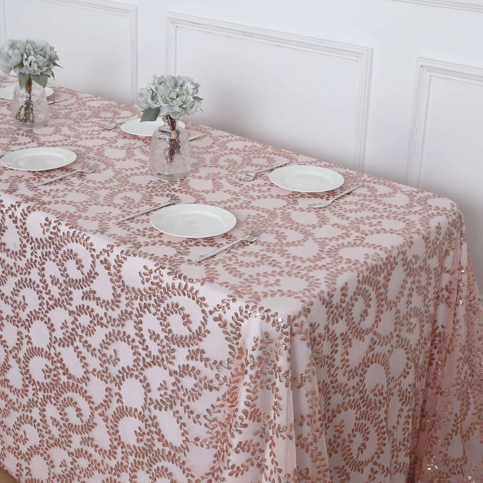 Sparkling Rose Gold Sequin Leaf Embroidered Tulle Rectangle Tablecloth 90x156 for Events