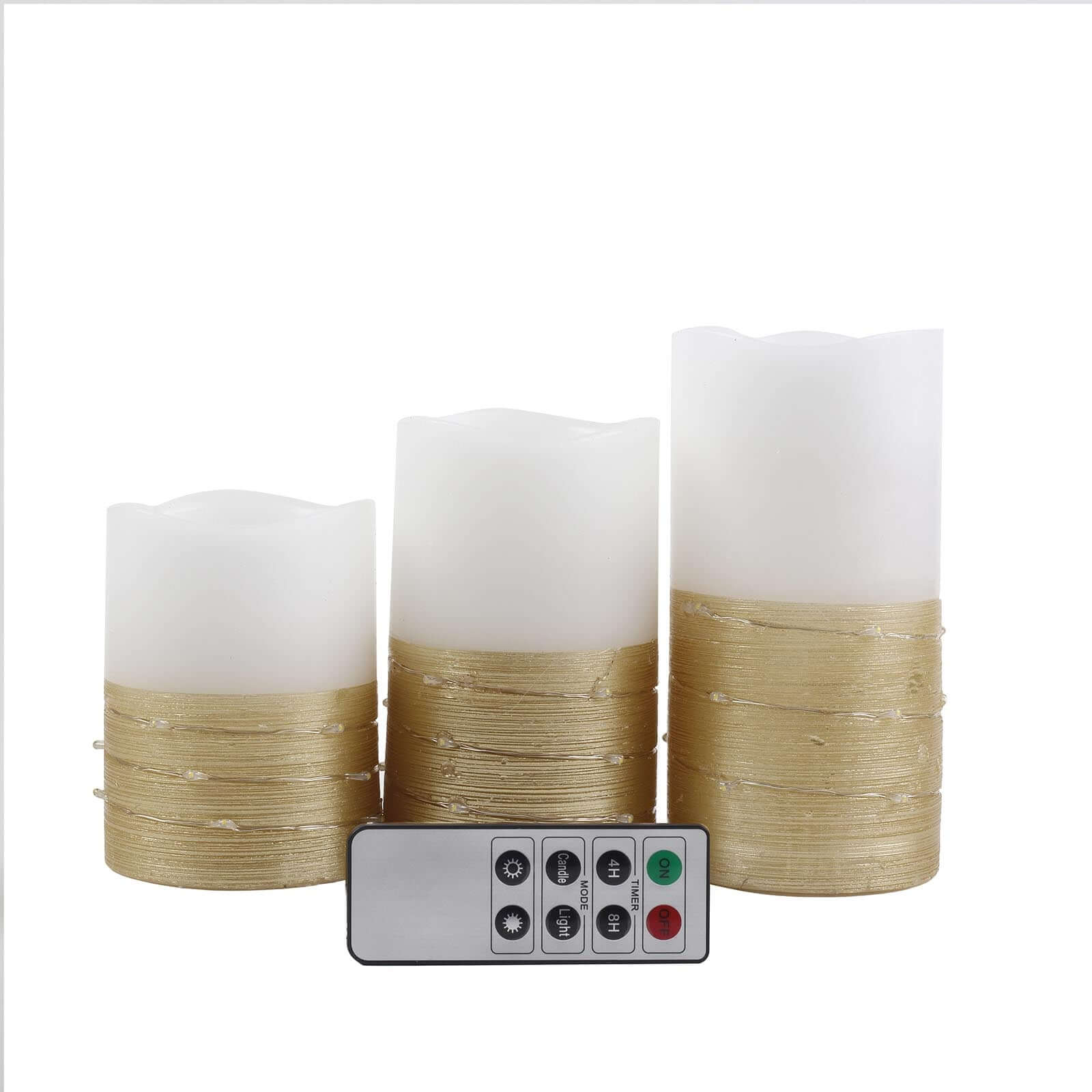 Remote-Controlled Set of 3 Gold LED Flameless Pillar Candles with Fairy String Lights (4', 5', 6')
