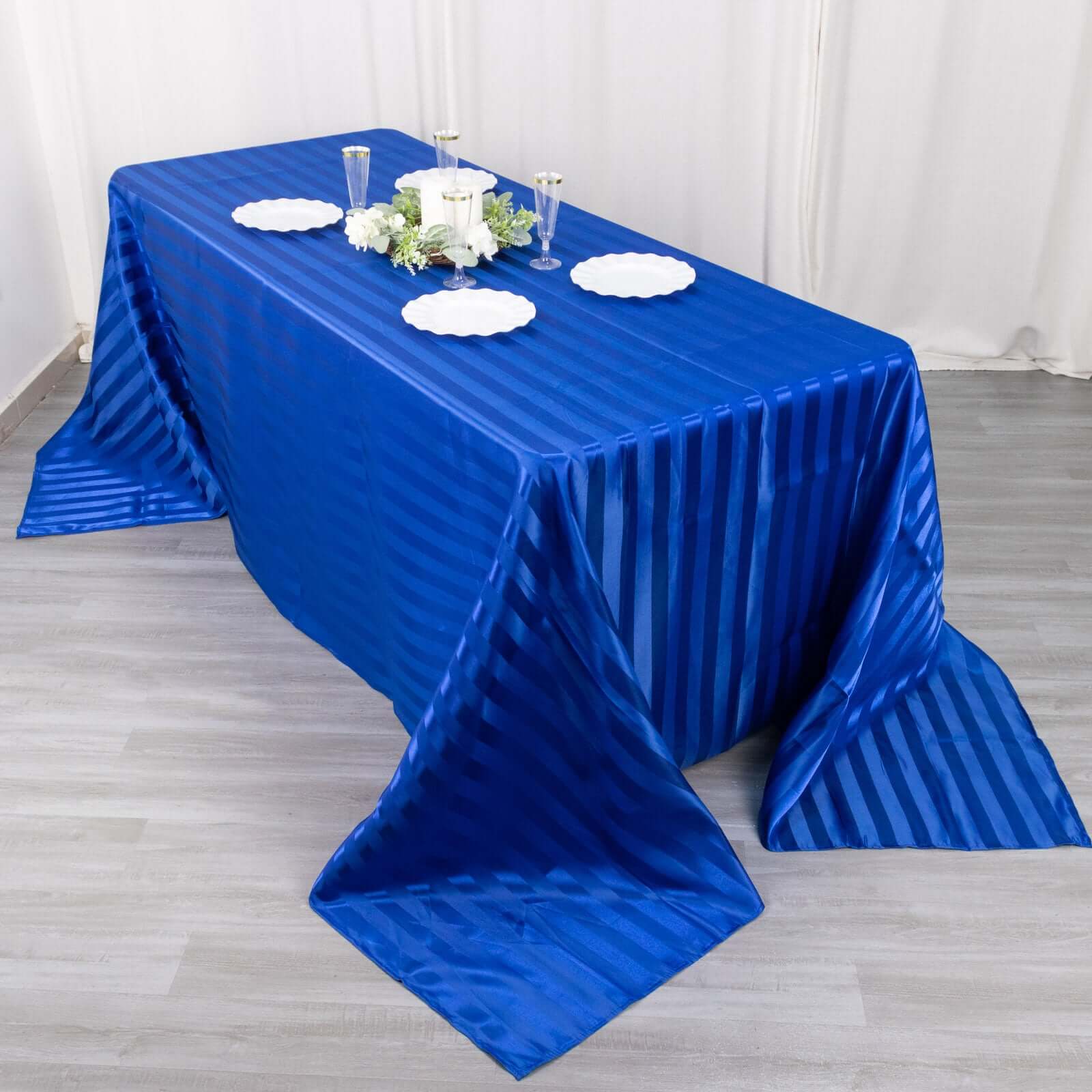 Royal Blue Satin Striped 90x132 Rectangular Tablecloth - Seamless & Smooth, Great Deal!
