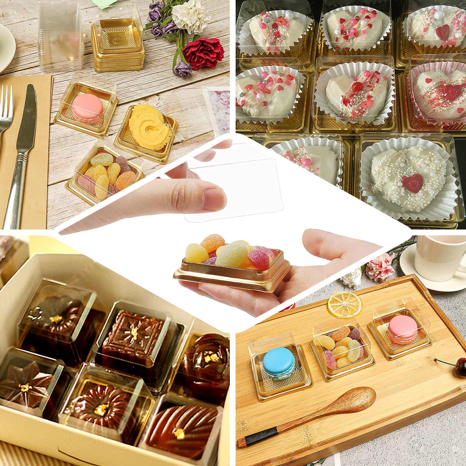 Hot Deal! 50-Pack Plastic Square Party Favor Containers in Gold and Clear for Cupcakes and Desserts