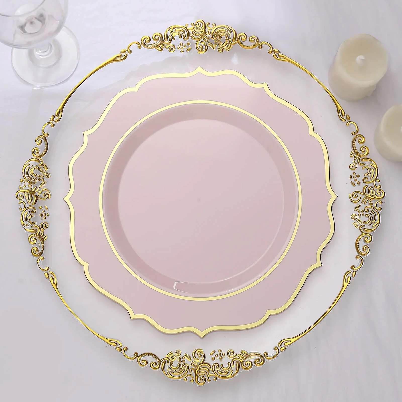 Hot Deal! 10-Pack Disposable Blush Plastic Dinner Plates with Gold Scalloped Rim