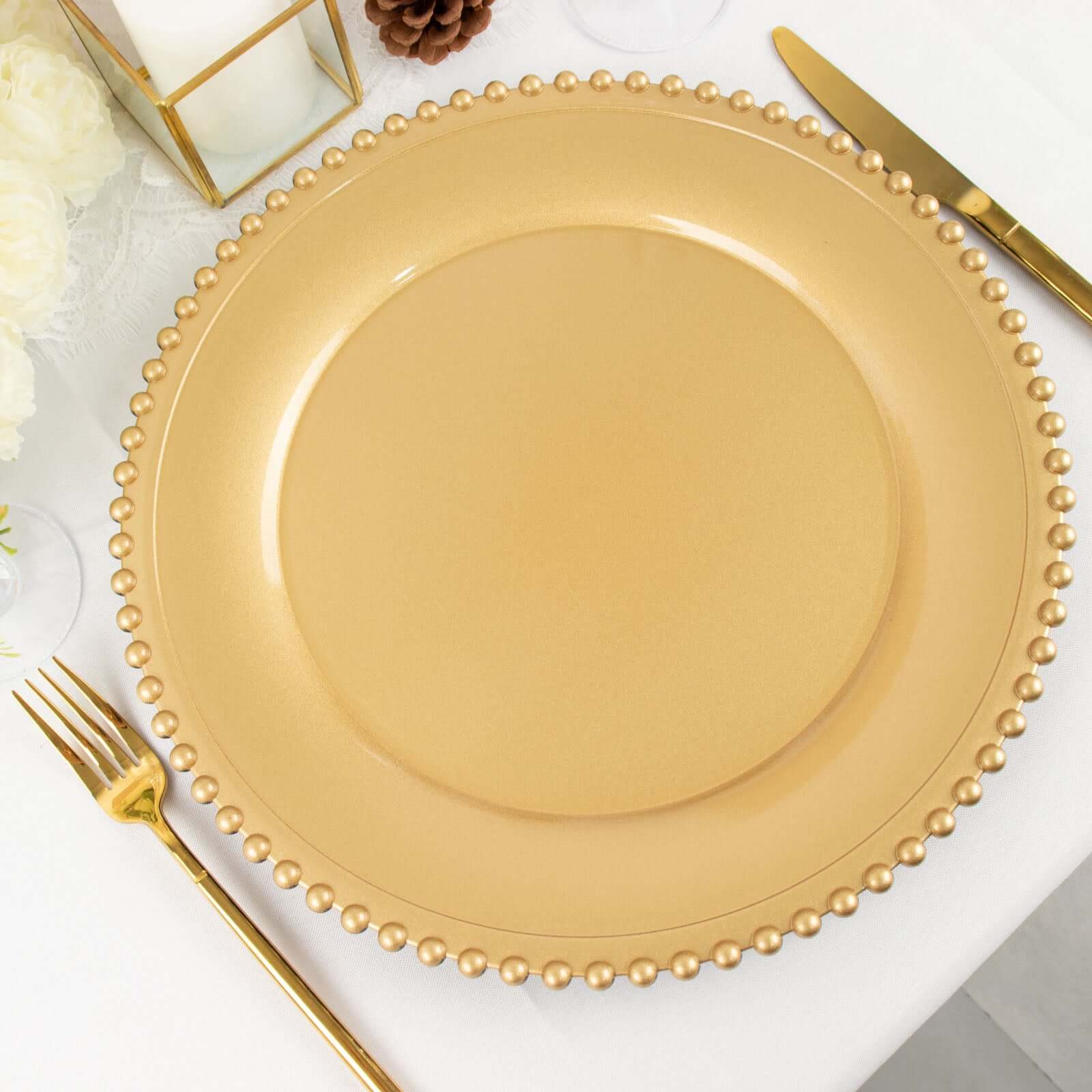Hot Sale! 6-Pack Gold Acrylic Round Charger Plates with Beaded Rim for Decorative Dinner Parties