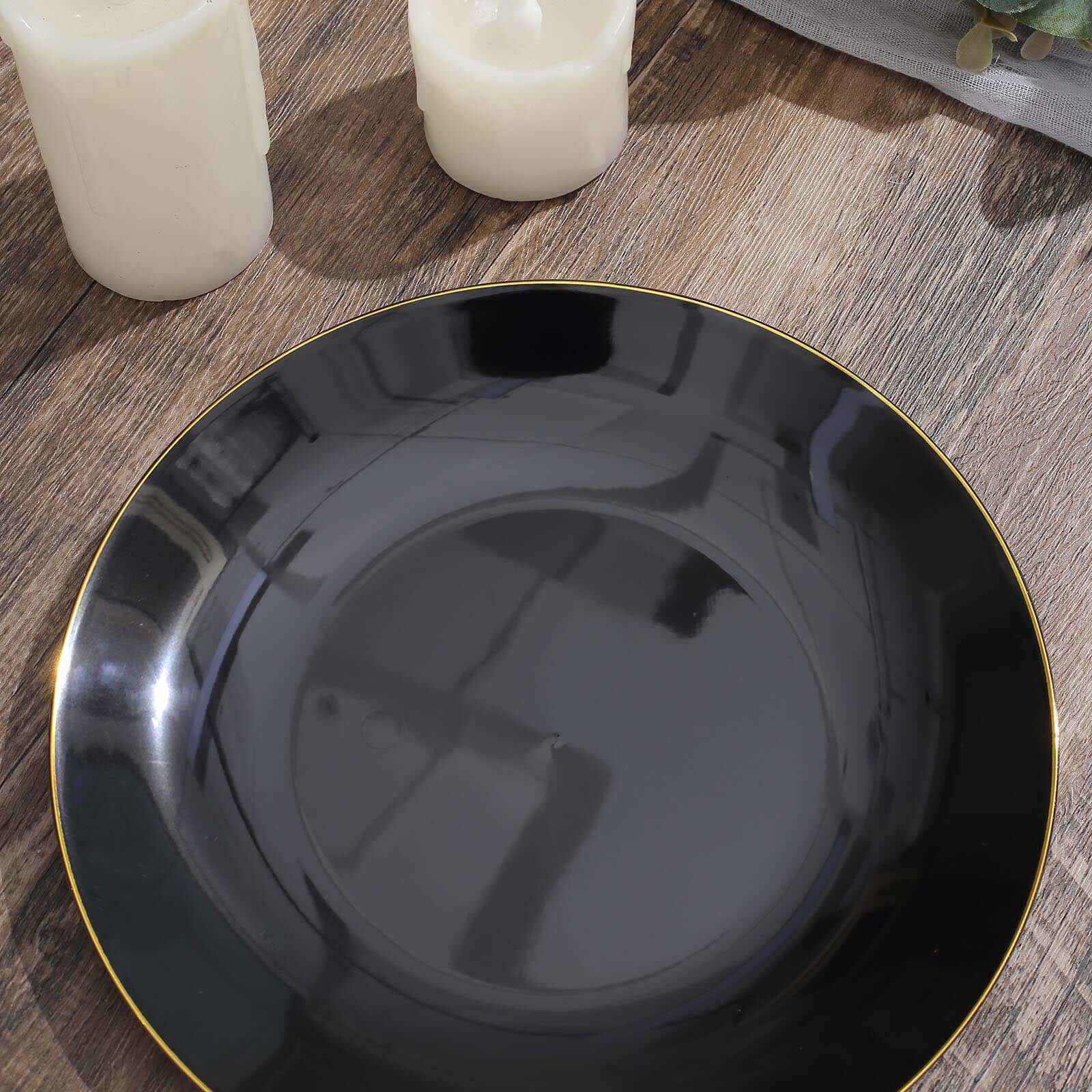 Hot Deal! 10-Pack of 8-Inch Round Black Plastic Dessert Plates with Gold Rim, Disposable and Sturdy