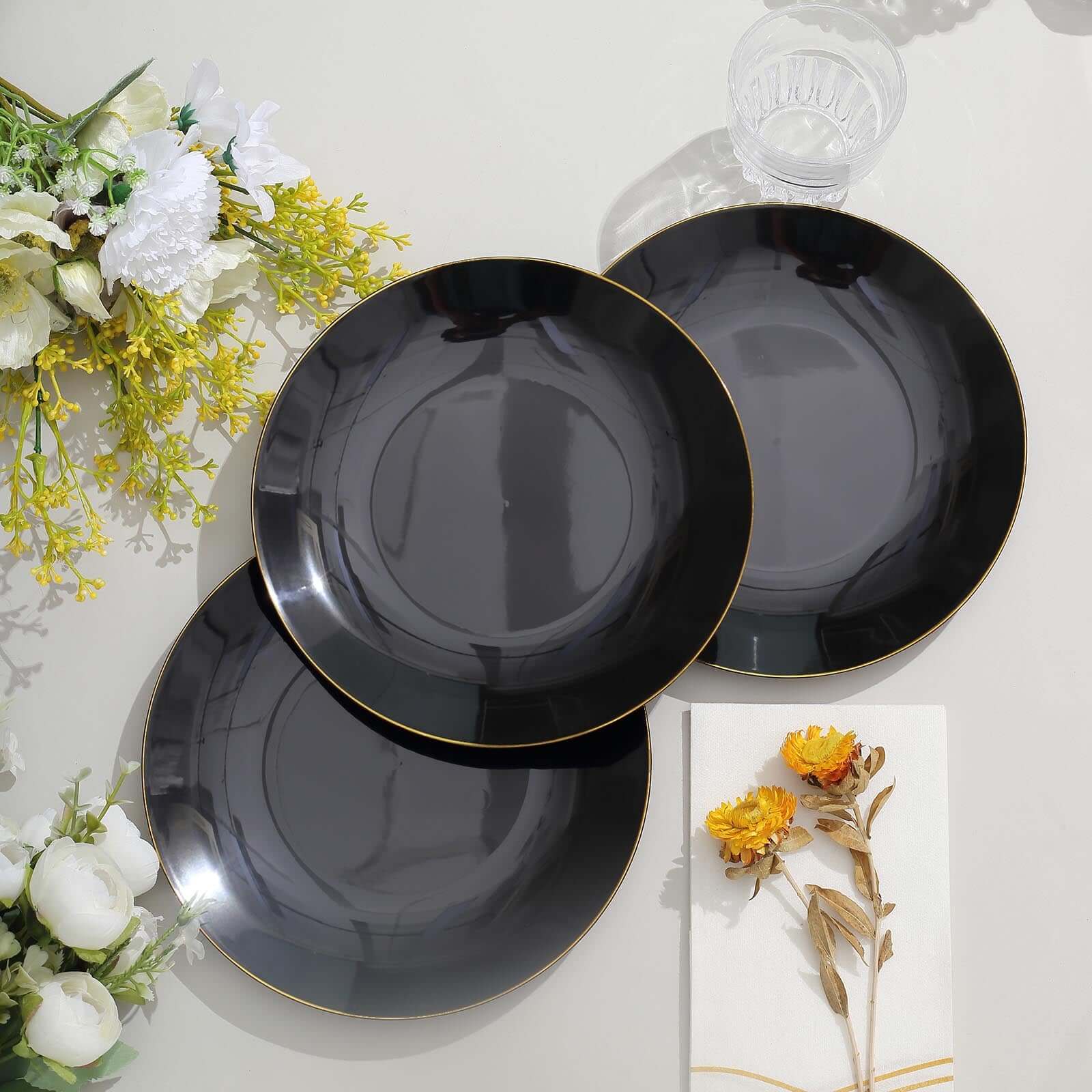 Hot Deal! 10-Pack of 8-Inch Round Black Plastic Dessert Plates with Gold Rim, Disposable and Sturdy