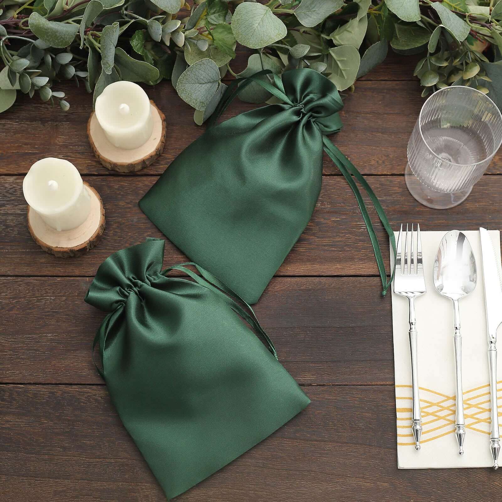 12-Piece Set of 6x9 Hunter Emerald Green Satin Drawstring Wedding Favor Gift Bags